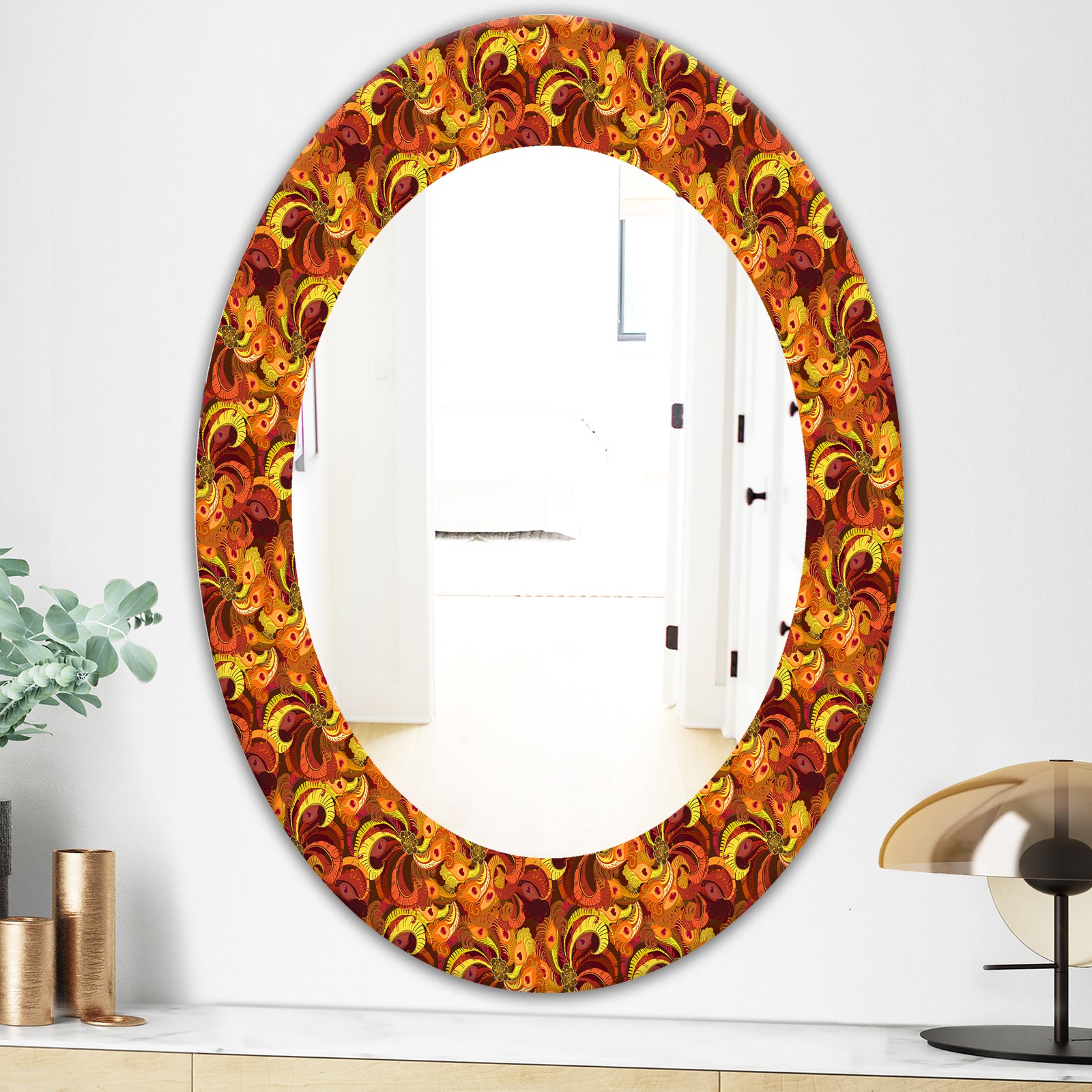 Beautiful Golden Orange & Red Peacock Feathers - Bohemian & Eclectic Mirror - Oval or Round Wall Mirror