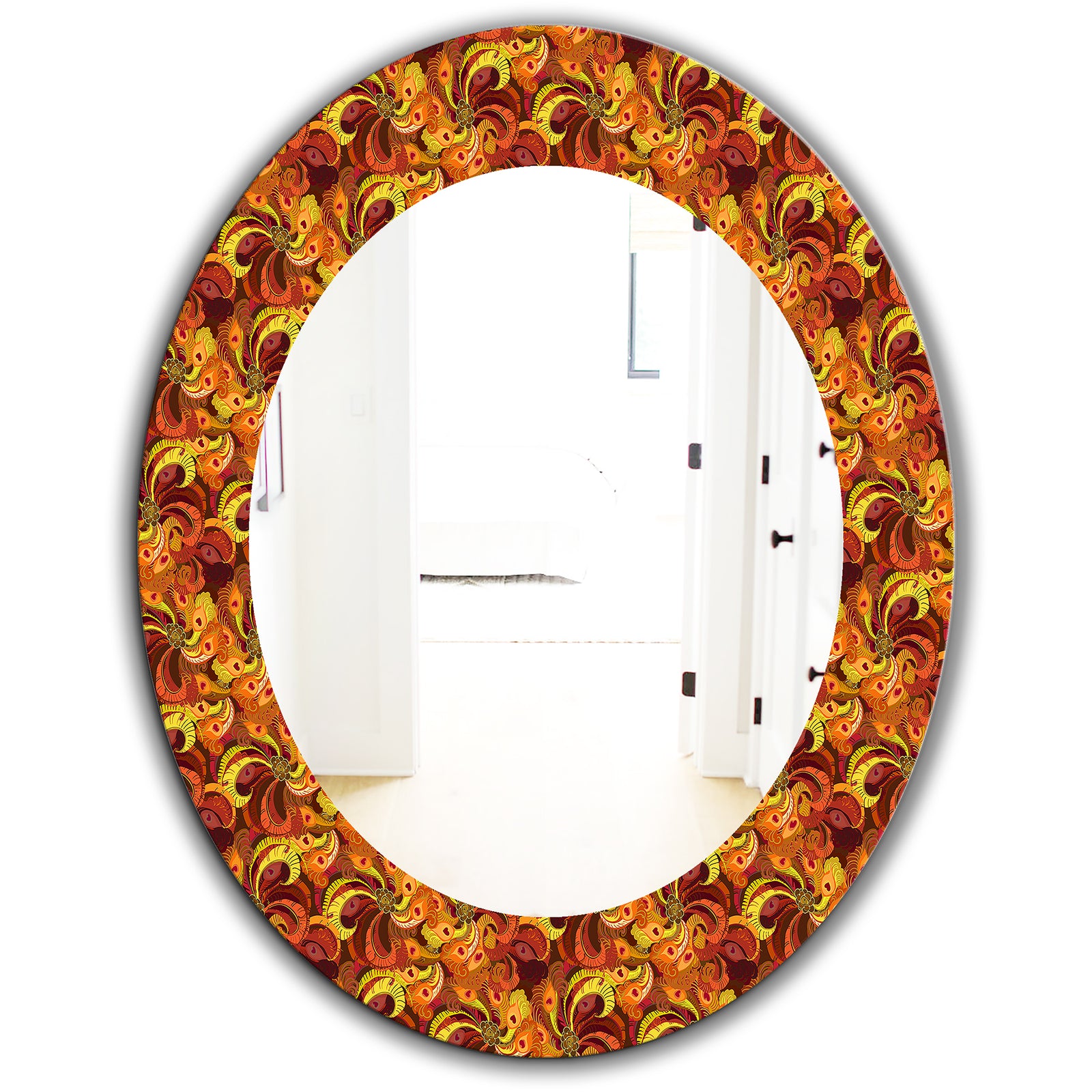 Beautiful Golden Orange & Red Peacock Feathers - Bohemian & Eclectic Mirror - Oval or Round Wall Mirror