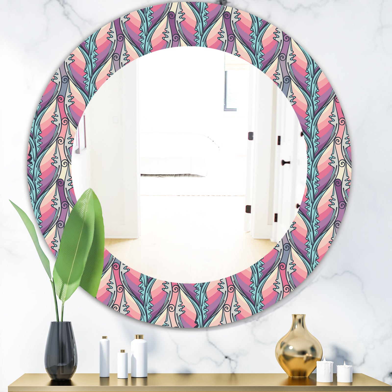 Floral Abstract Pattern - Bohemian and Eclectic Mirror - Oval or Round Wall Mirror