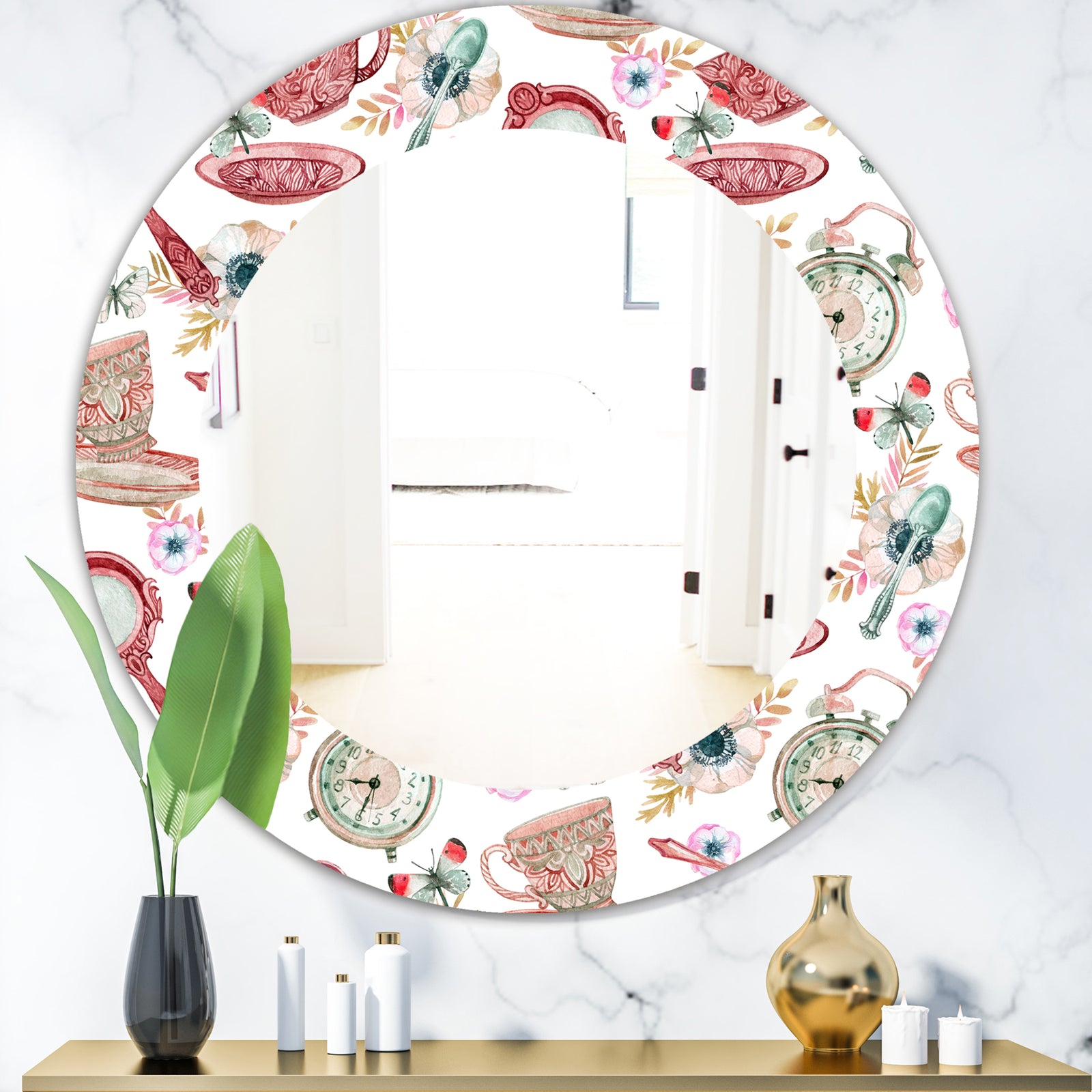 Watercolor Tea Pattern - Modern Mirror - Oval or Round Wall Mirror