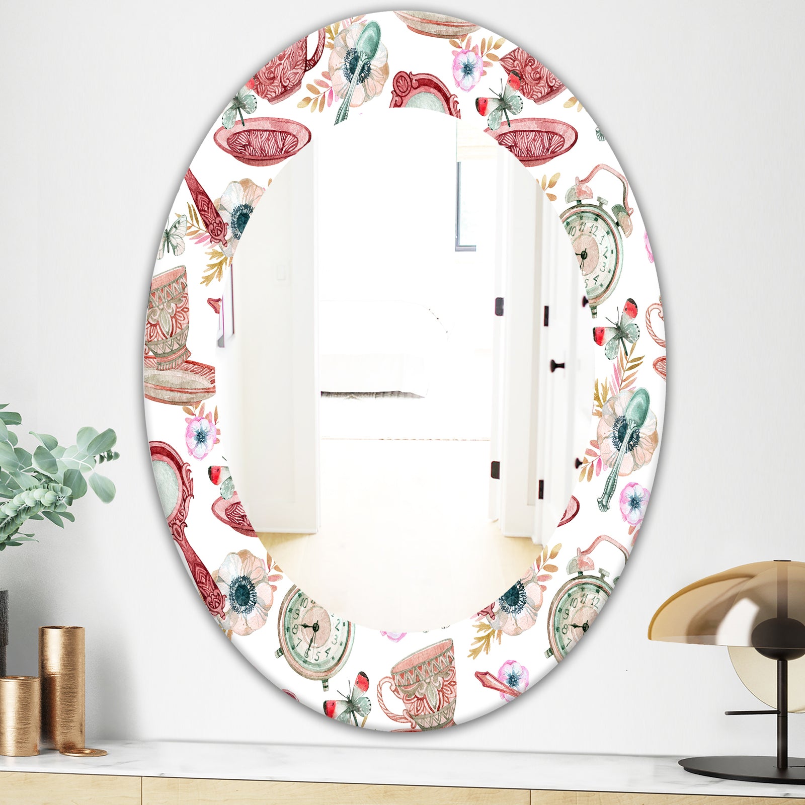 Watercolor Tea Pattern - Modern Mirror - Oval or Round Wall Mirror