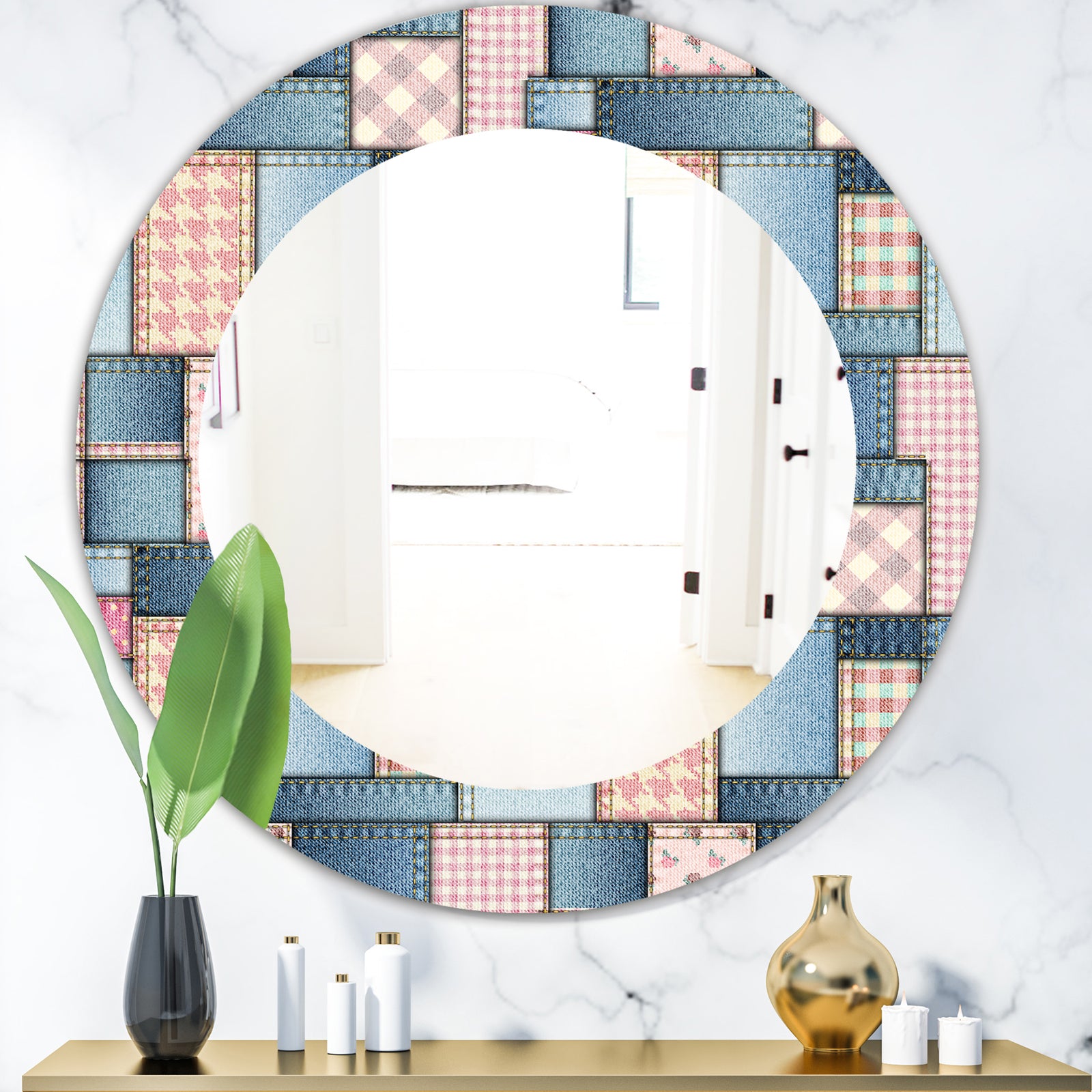 Pink Patchwork Pattern - Mid-Century Mirror - Oval or Round Wall Mirror