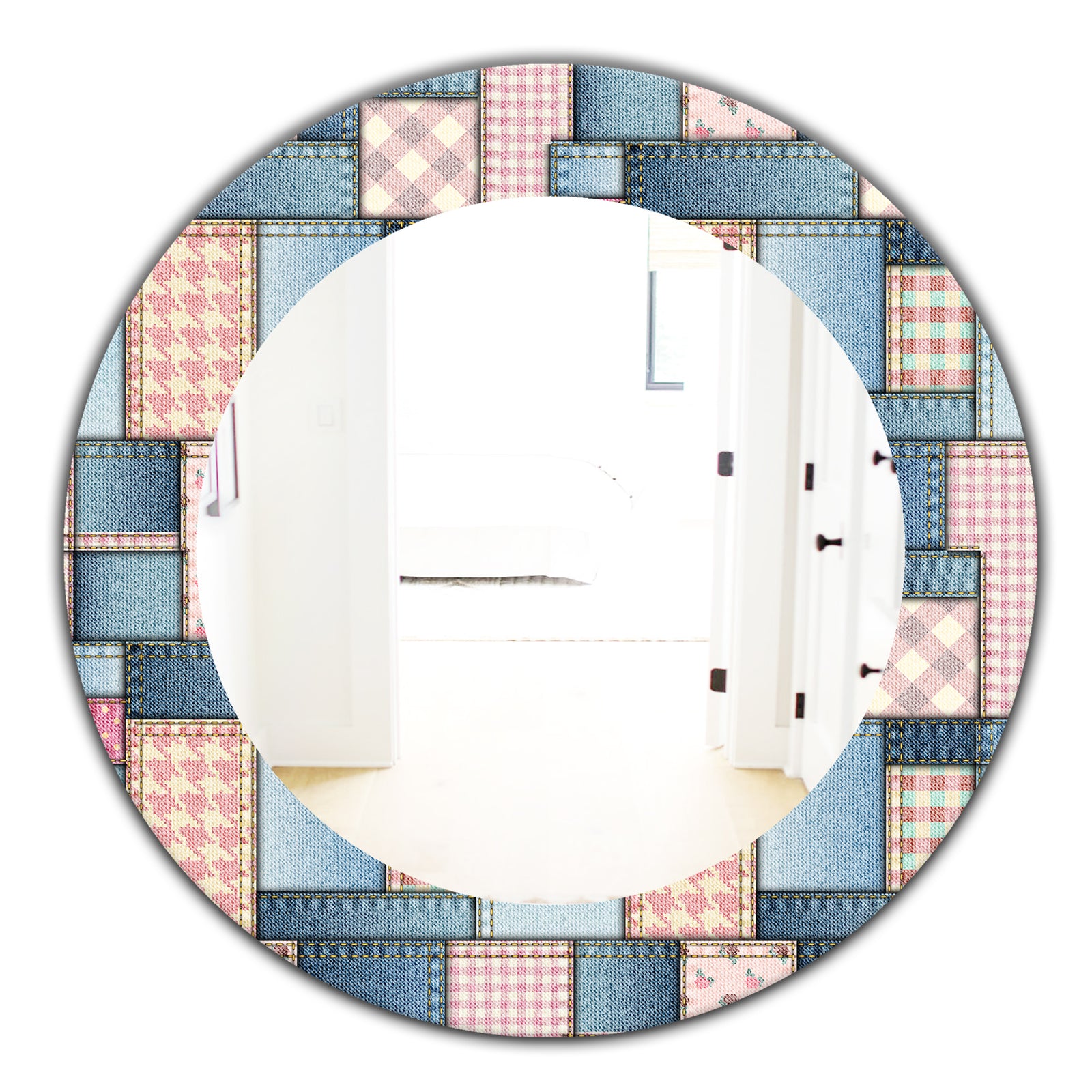 Pink Patchwork Pattern - Mid-Century Mirror - Oval or Round Wall Mirror