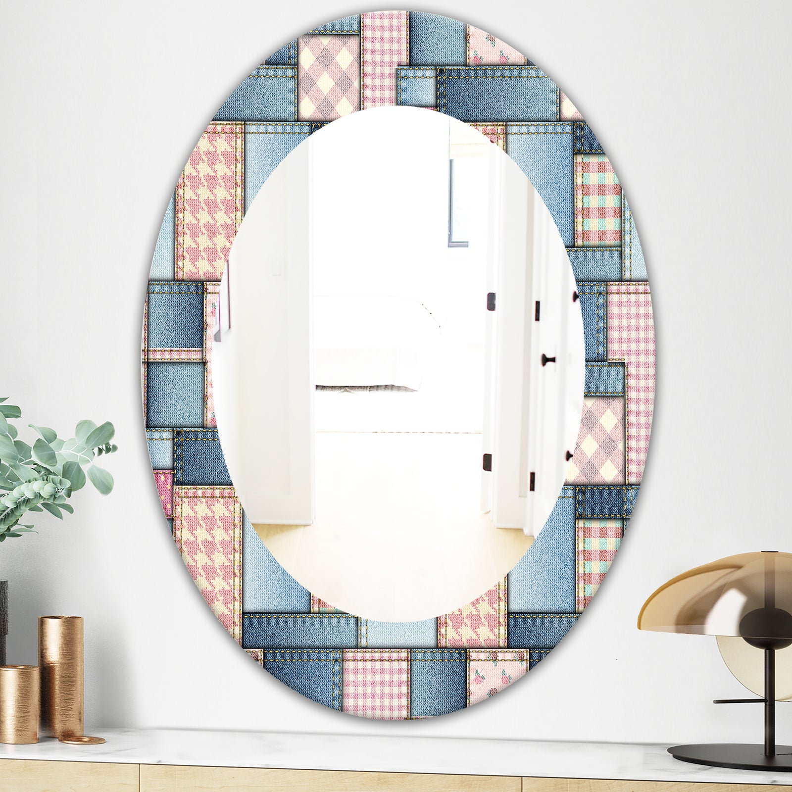 Pink Patchwork Pattern - Mid-Century Mirror - Oval or Round Wall Mirror