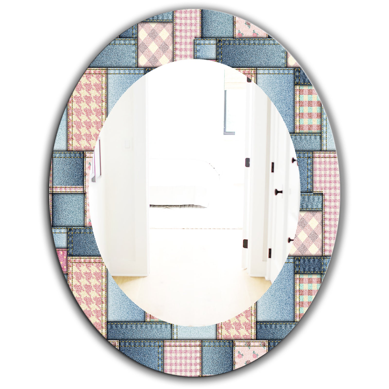Pink Patchwork Pattern - Mid-Century Mirror - Oval or Round Wall Mirror