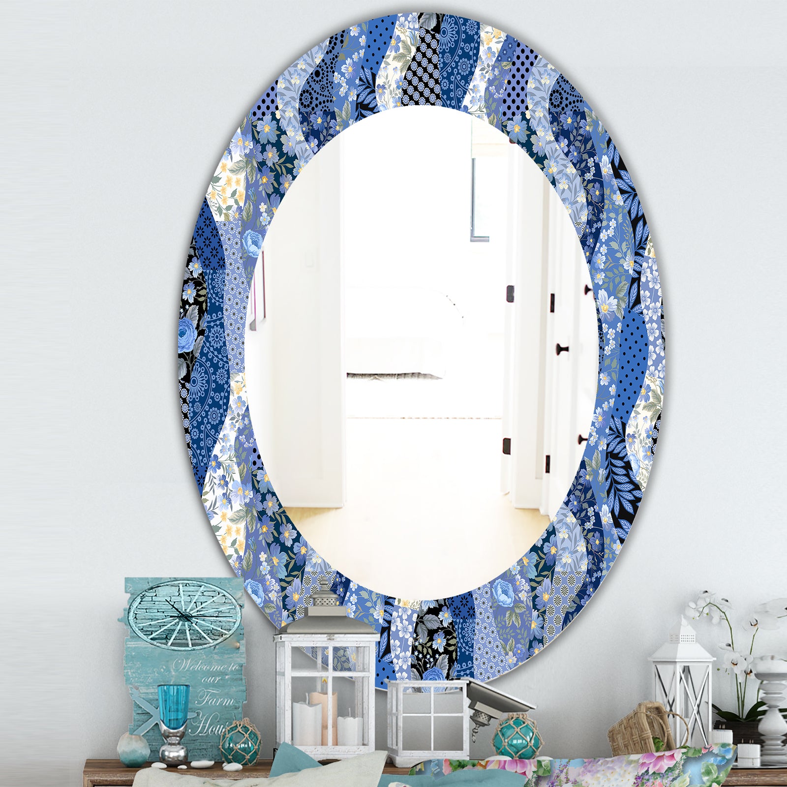 Patchwork Pattern With Roses - Traditional Mirror - Oval or Round Wall Mirror