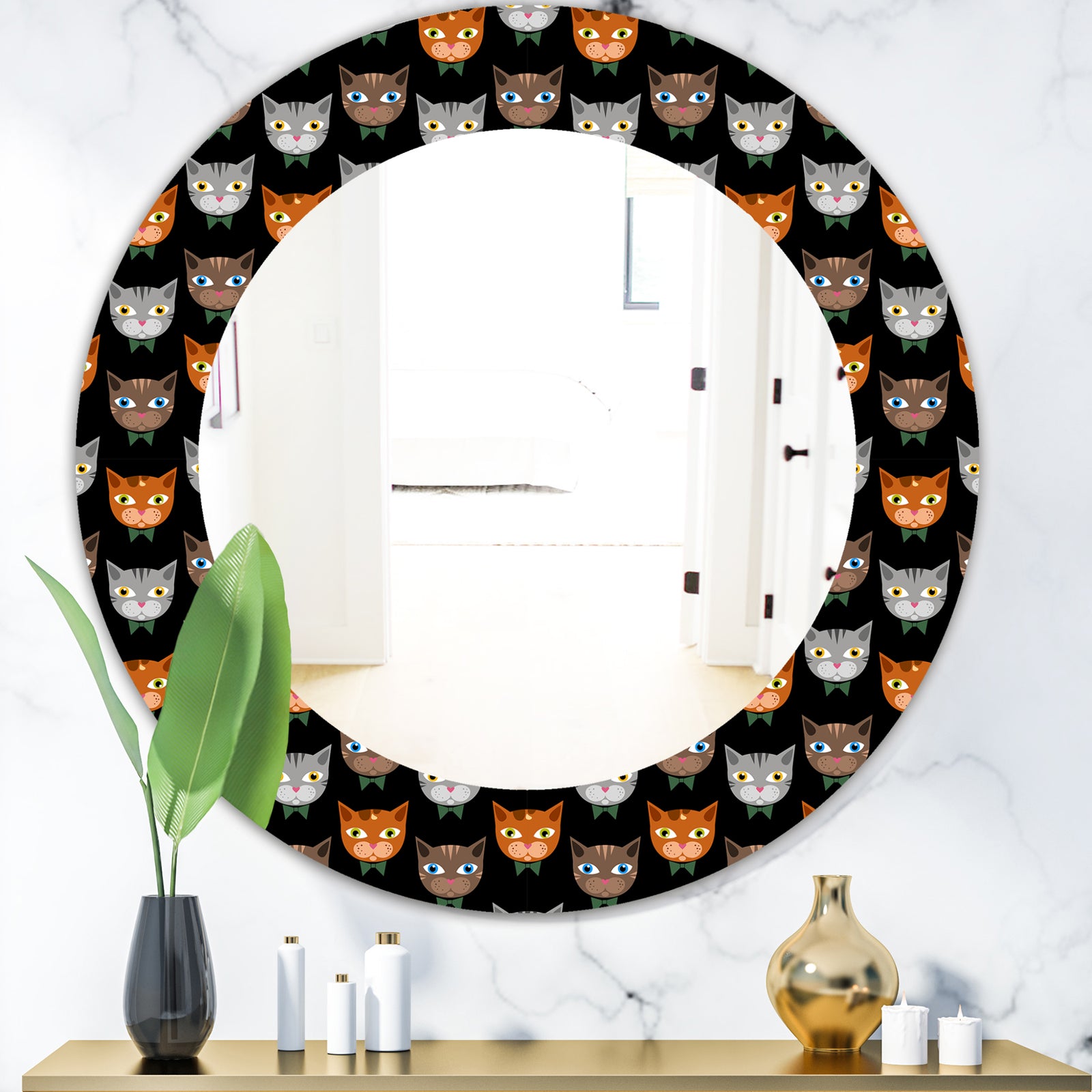 Cute Cats Pattern - Modern Mirror - Oval or Round Wall Mirror