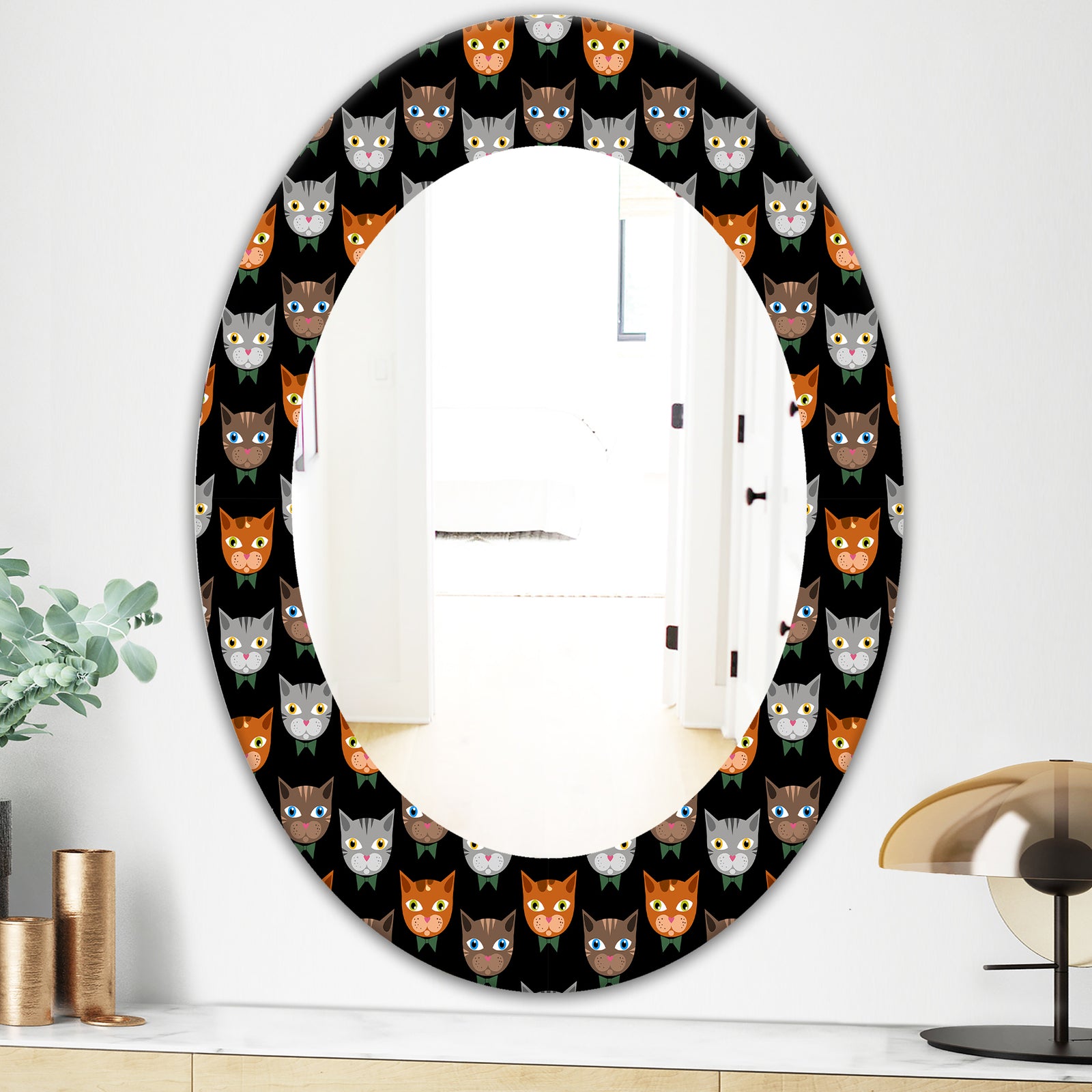 Cute Cats Pattern - Modern Mirror - Oval or Round Wall Mirror