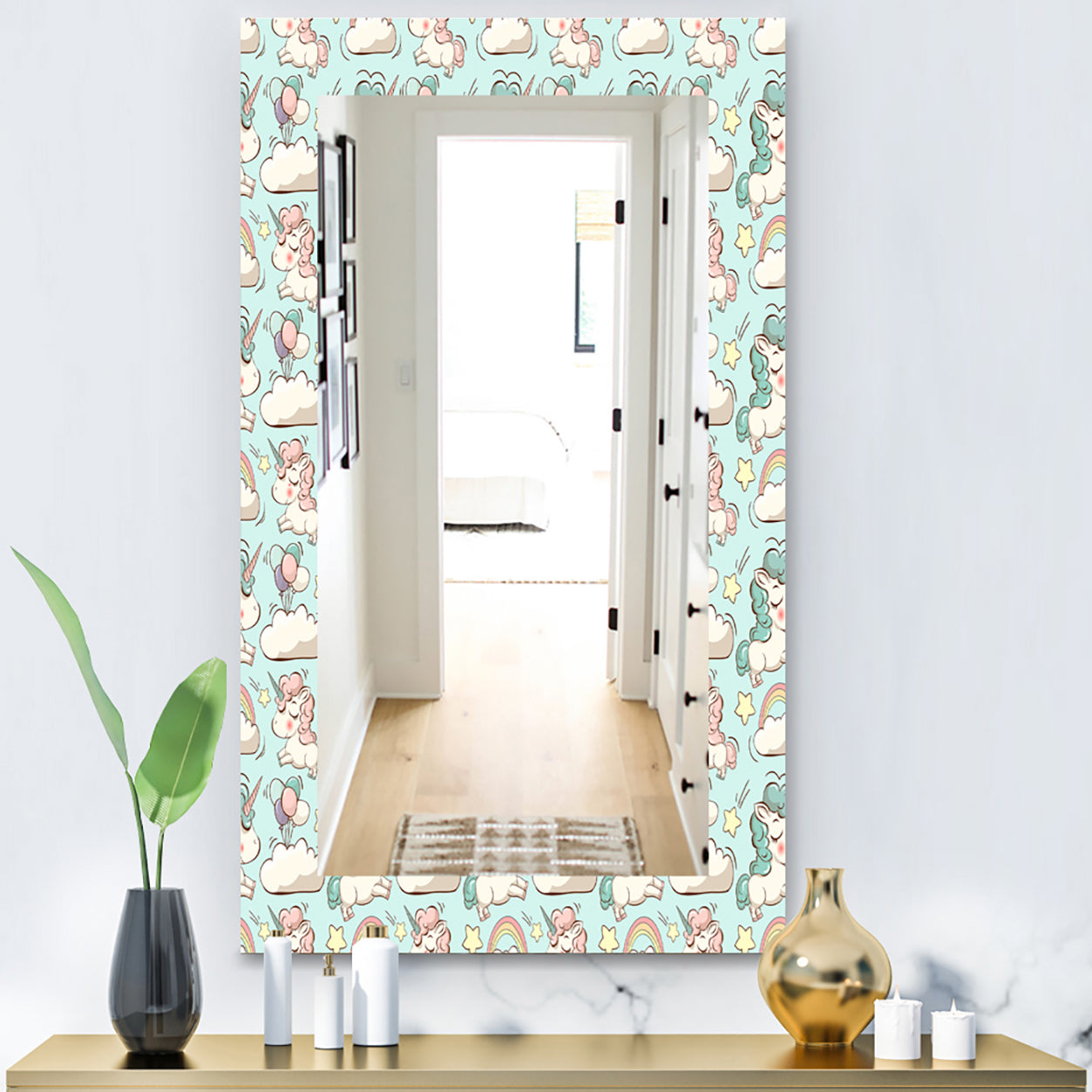 Pattern With Cute Unicorns and Clouds - Modern Mirror - Wall Mirror