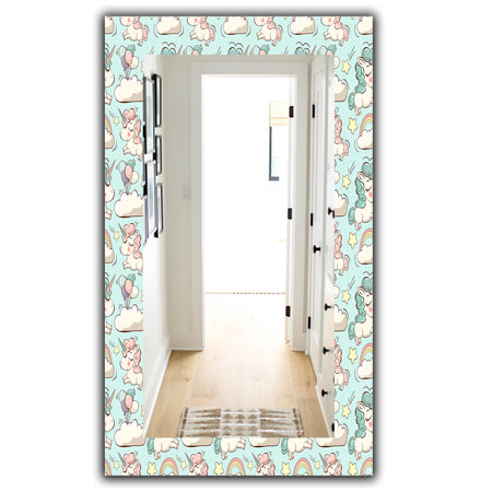Pattern With Cute Unicorns and Clouds - Modern Mirror - Wall Mirror