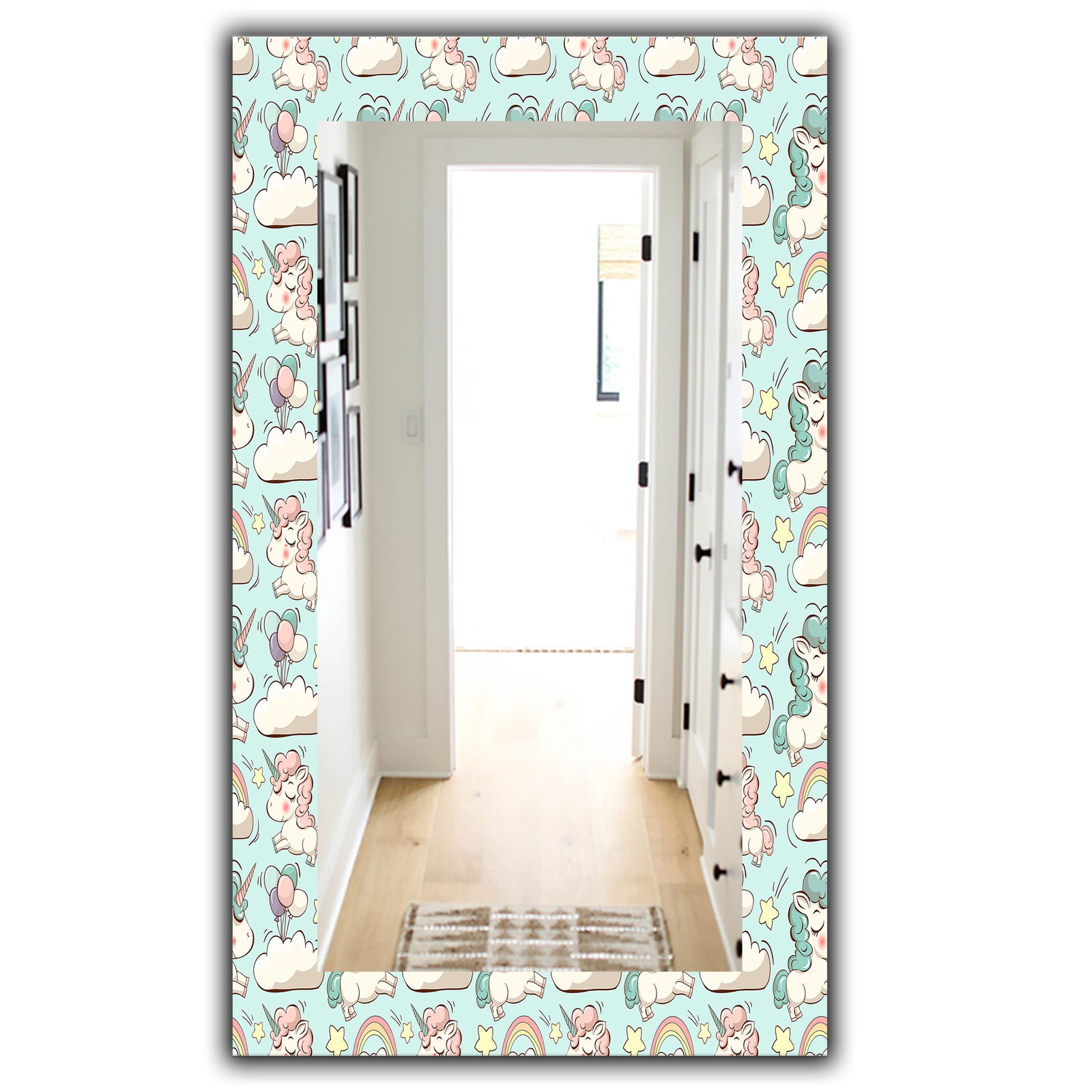 Pattern With Cute Unicorns and Clouds - Modern Mirror - Wall Mirror