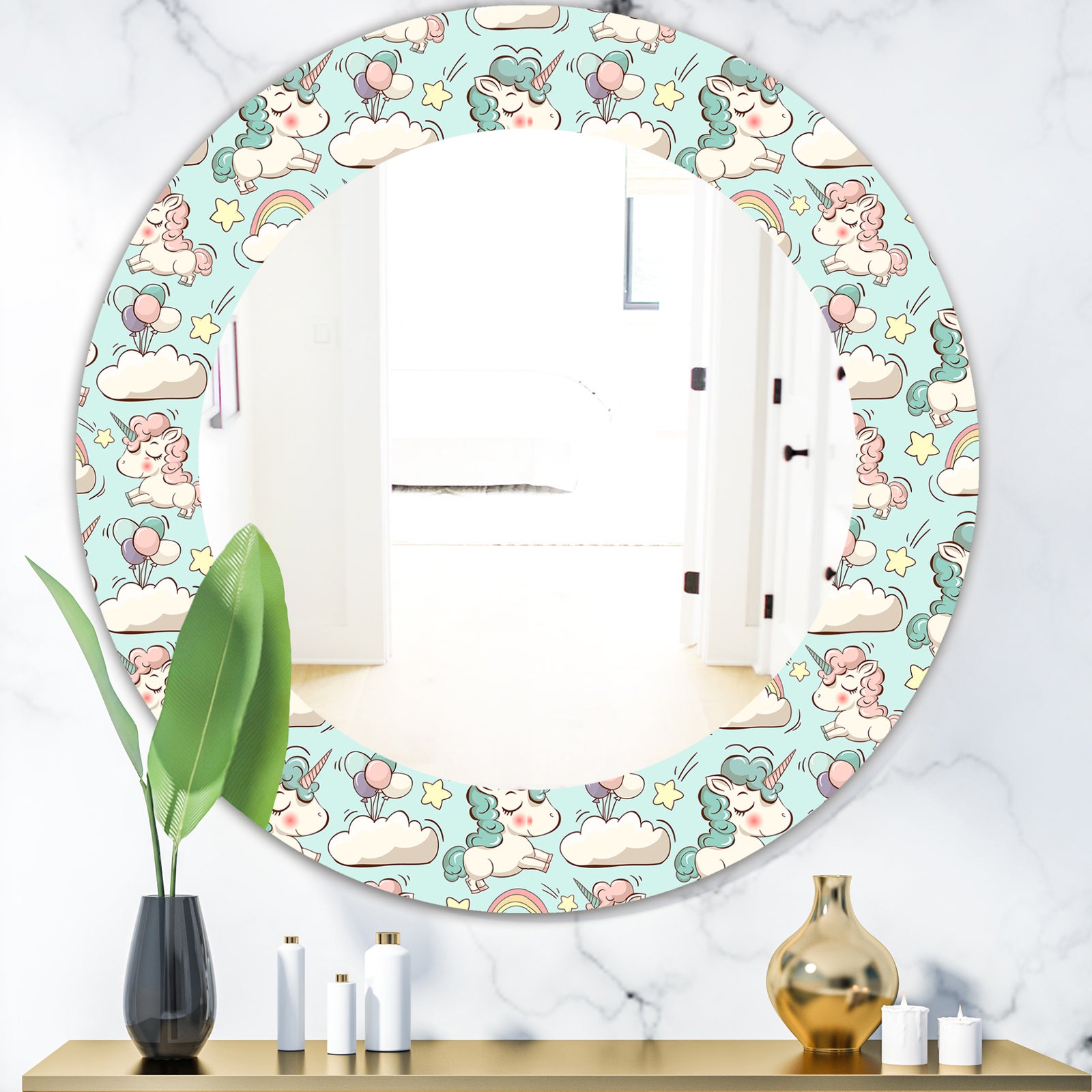 Pattern With Cute Unicorns and Clouds - Modern Mirror - Oval or Round Wall Mirror