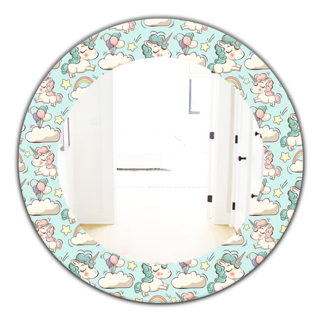 Pattern With Cute Unicorns and Clouds - Modern Mirror - Oval or Round Wall Mirror