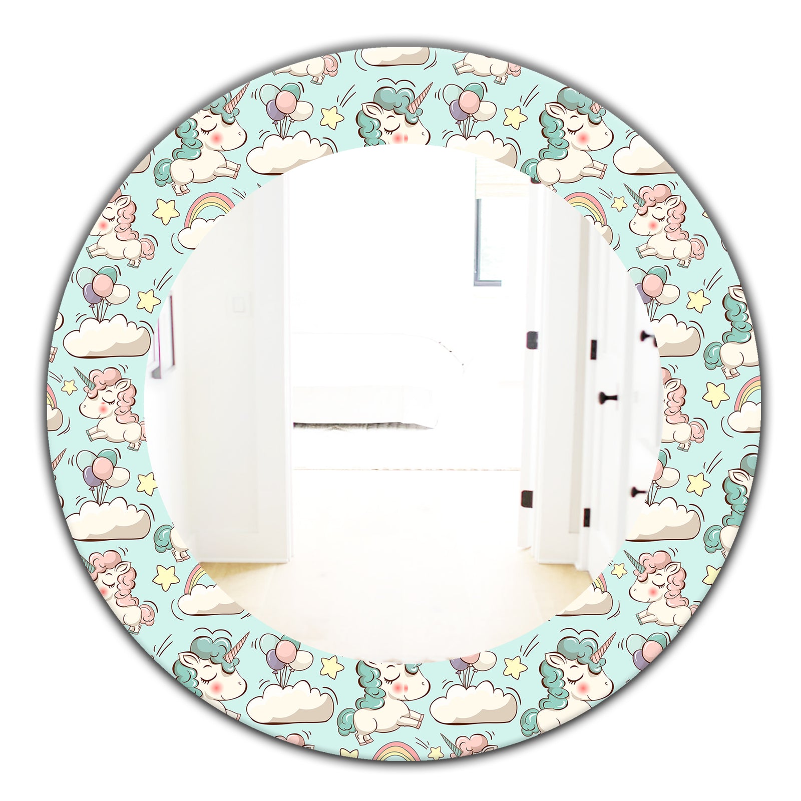 Pattern With Cute Unicorns and Clouds - Modern Mirror - Oval or Round Wall Mirror