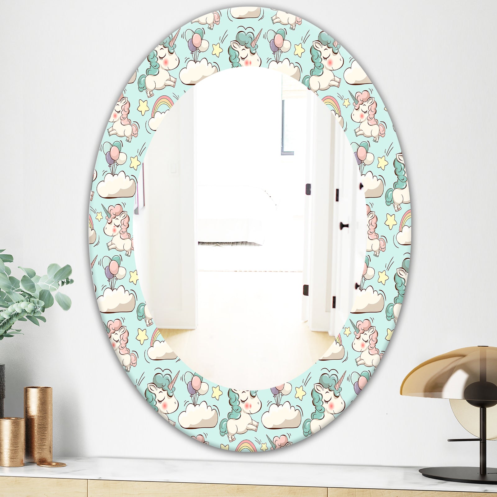 Pattern With Cute Unicorns and Clouds - Modern Mirror - Oval or Round Wall Mirror