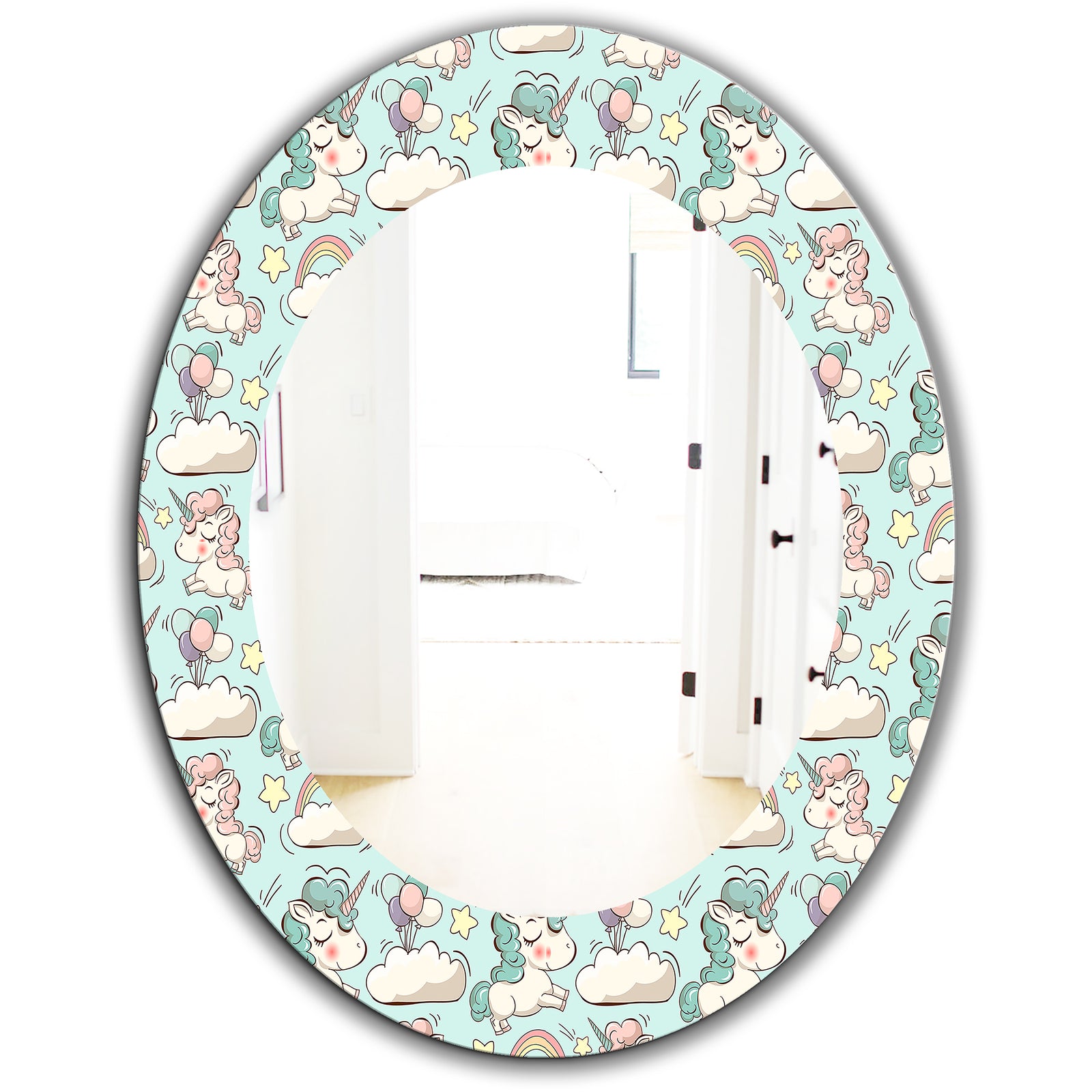 Pattern With Cute Unicorns and Clouds - Modern Mirror - Oval or Round Wall Mirror