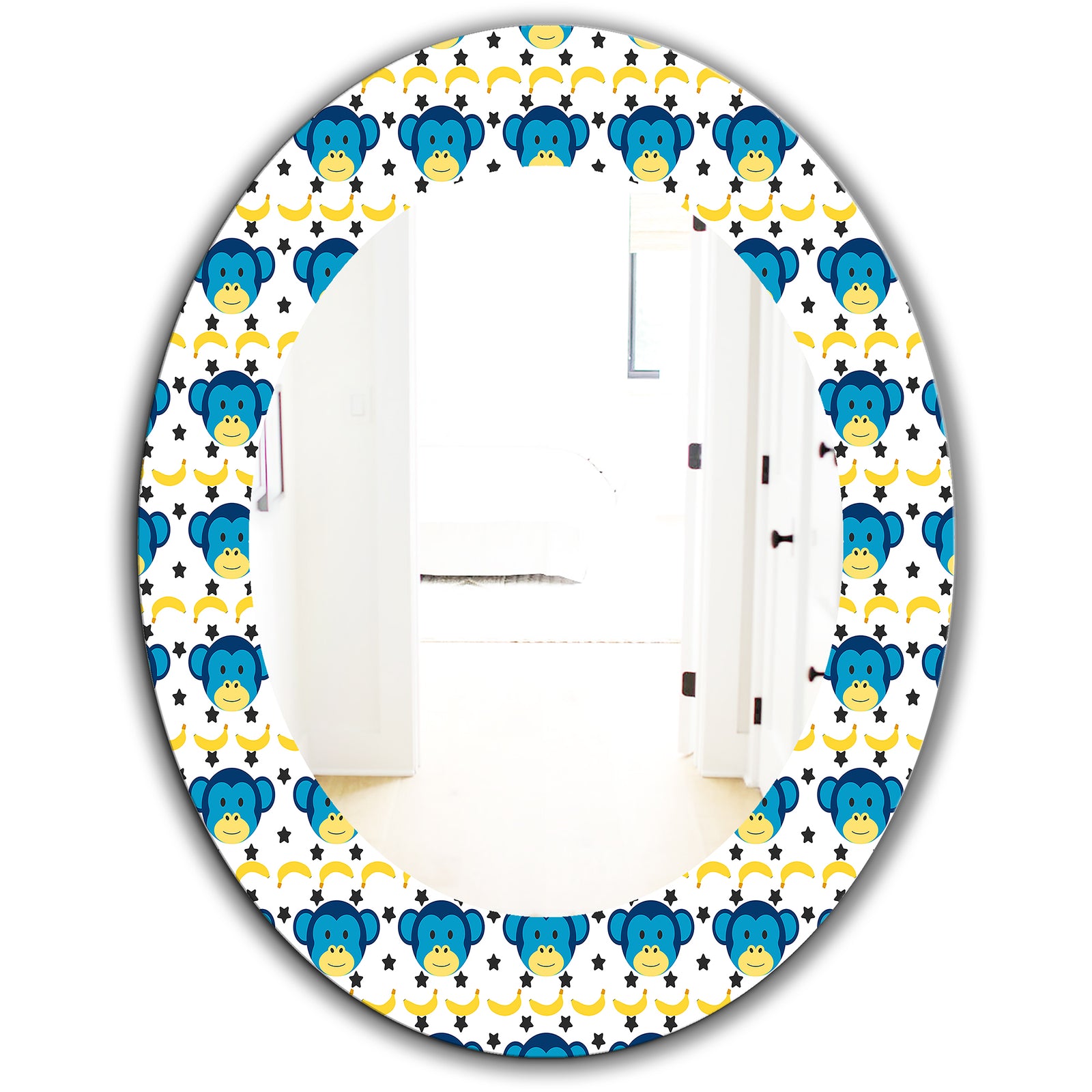 Doodle Monkey Pattern - Bohemian and Eclectic Mirror - Oval or Round Wall Mirror