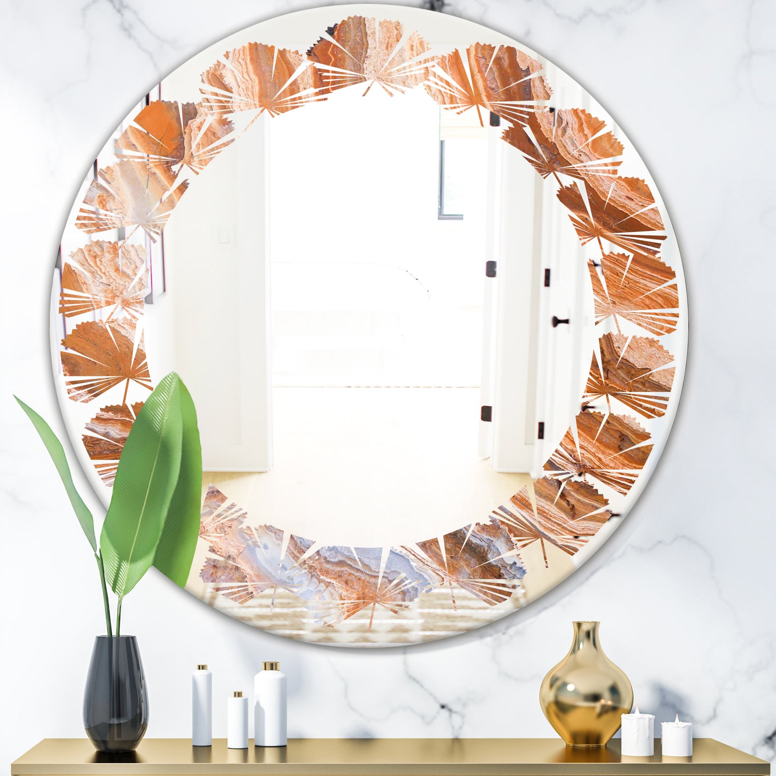 Marbled Geode 2 - Modern Round or Oval Wall Mirror - Leaves