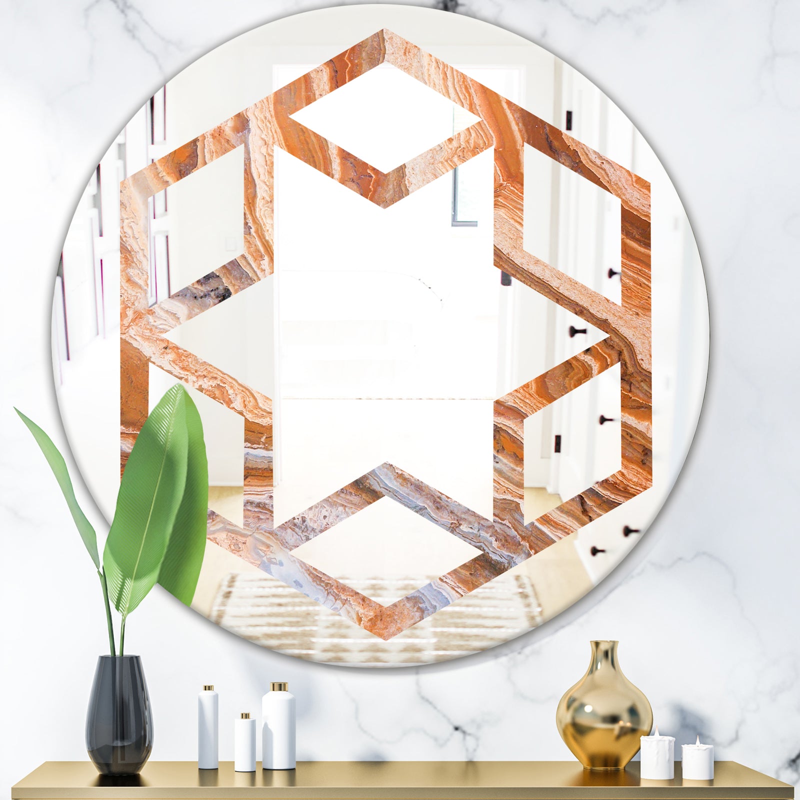 Marbled Geode 2 - Modern Round or Oval Wall Mirror - Hexagon Star