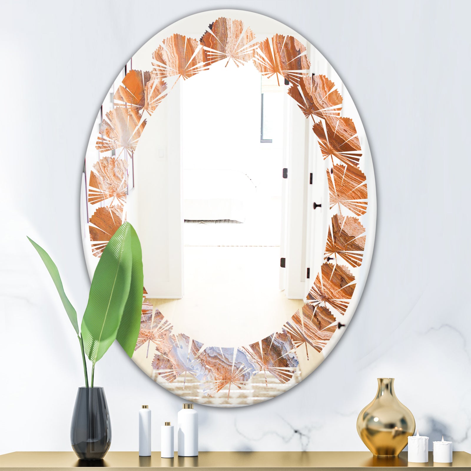 Marbled Geode 2 - Modern Round or Oval Wall Mirror - Leaves