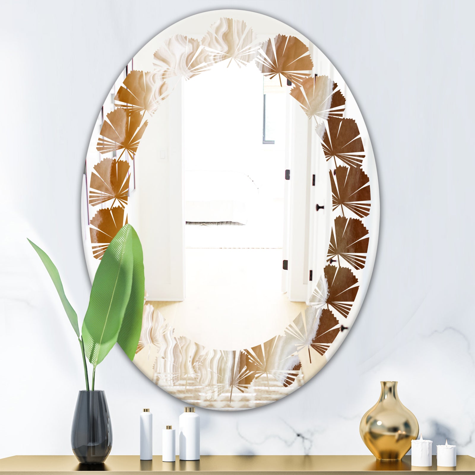 Marbled Geode 3 - Modern Round or Oval Wall Mirror - Leaves