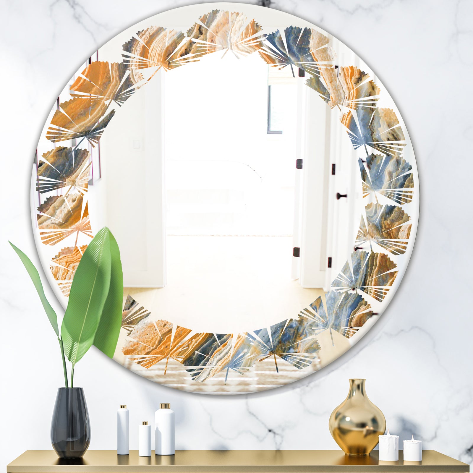Marbled Geode 4 - Modern Round or Oval Wall Mirror - Leaves