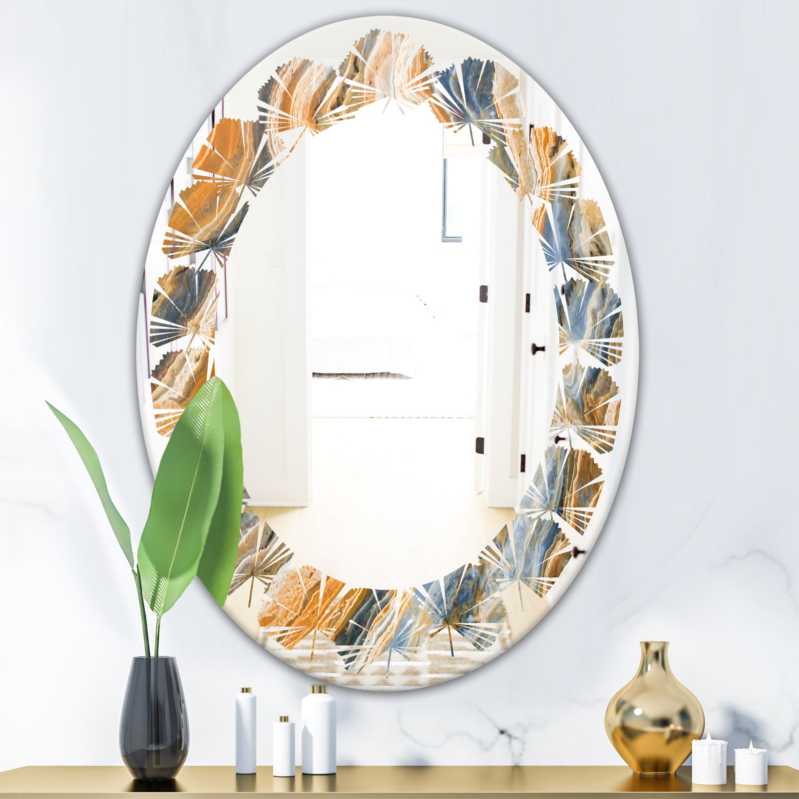 Marbled Geode 4 - Modern Round or Oval Wall Mirror - Leaves