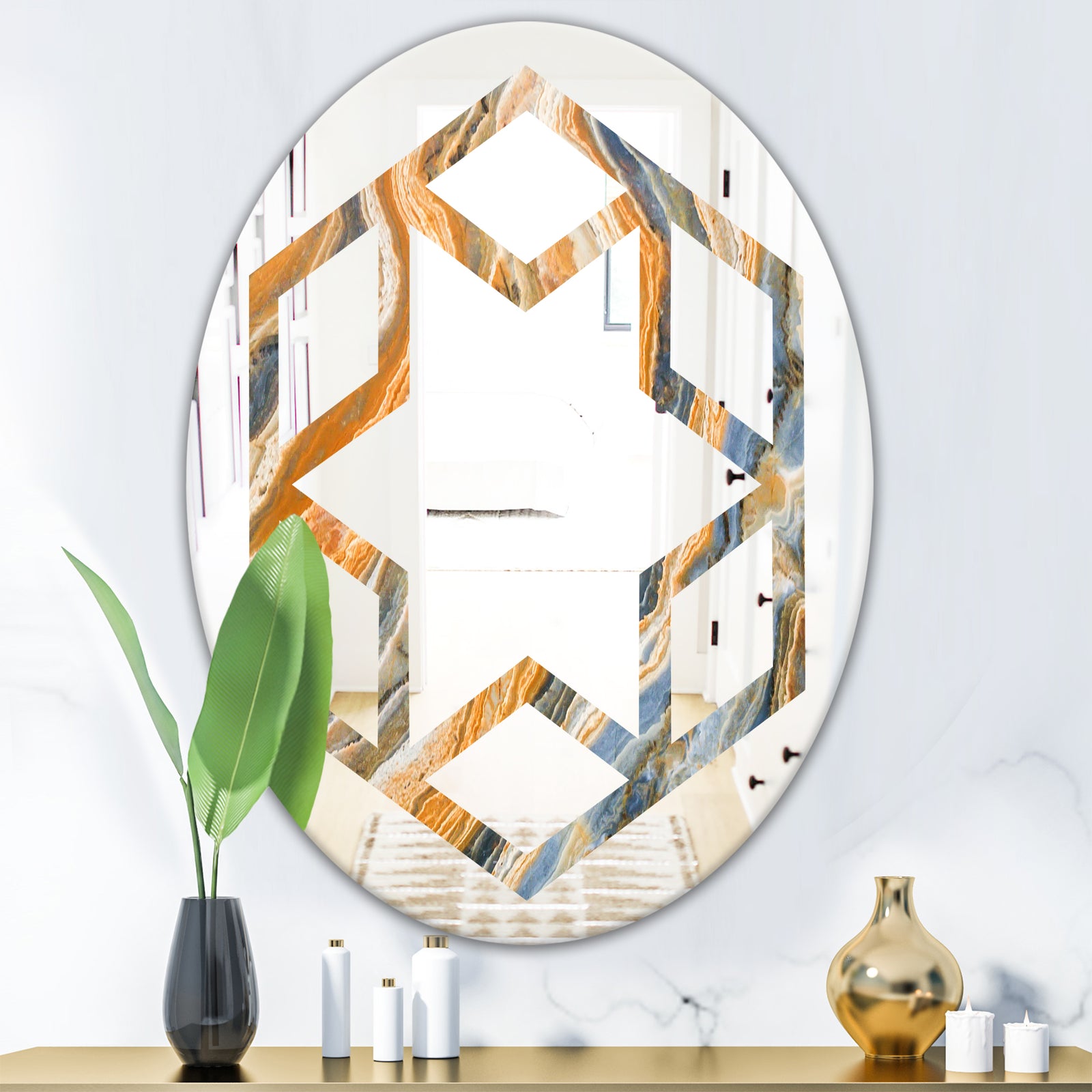 Marbled Geode 4 - Modern Round or Oval Wall Mirror - Hexagon Star