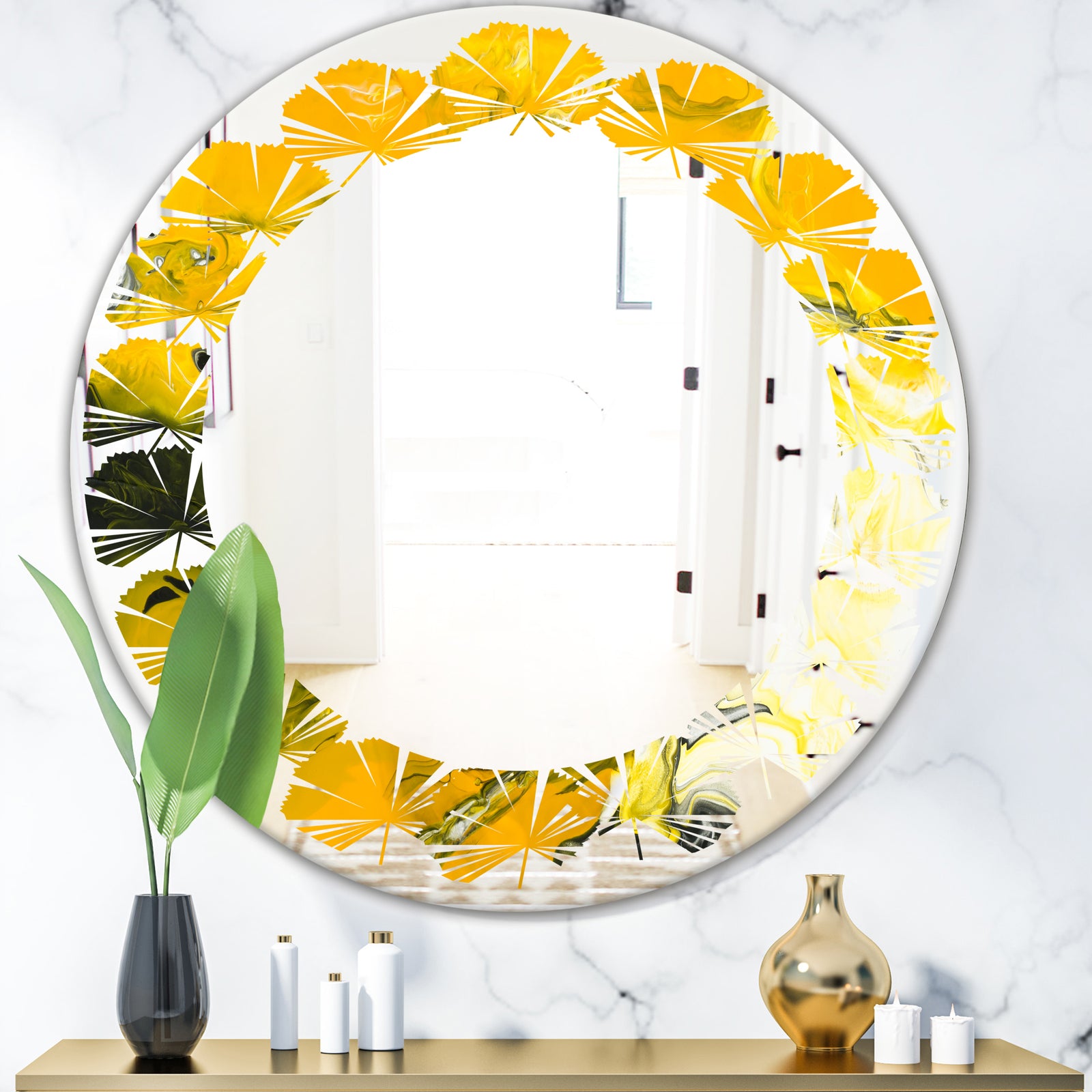 Marbled Yellow 2 - Modern Round or Oval Wall Mirror - Leaves