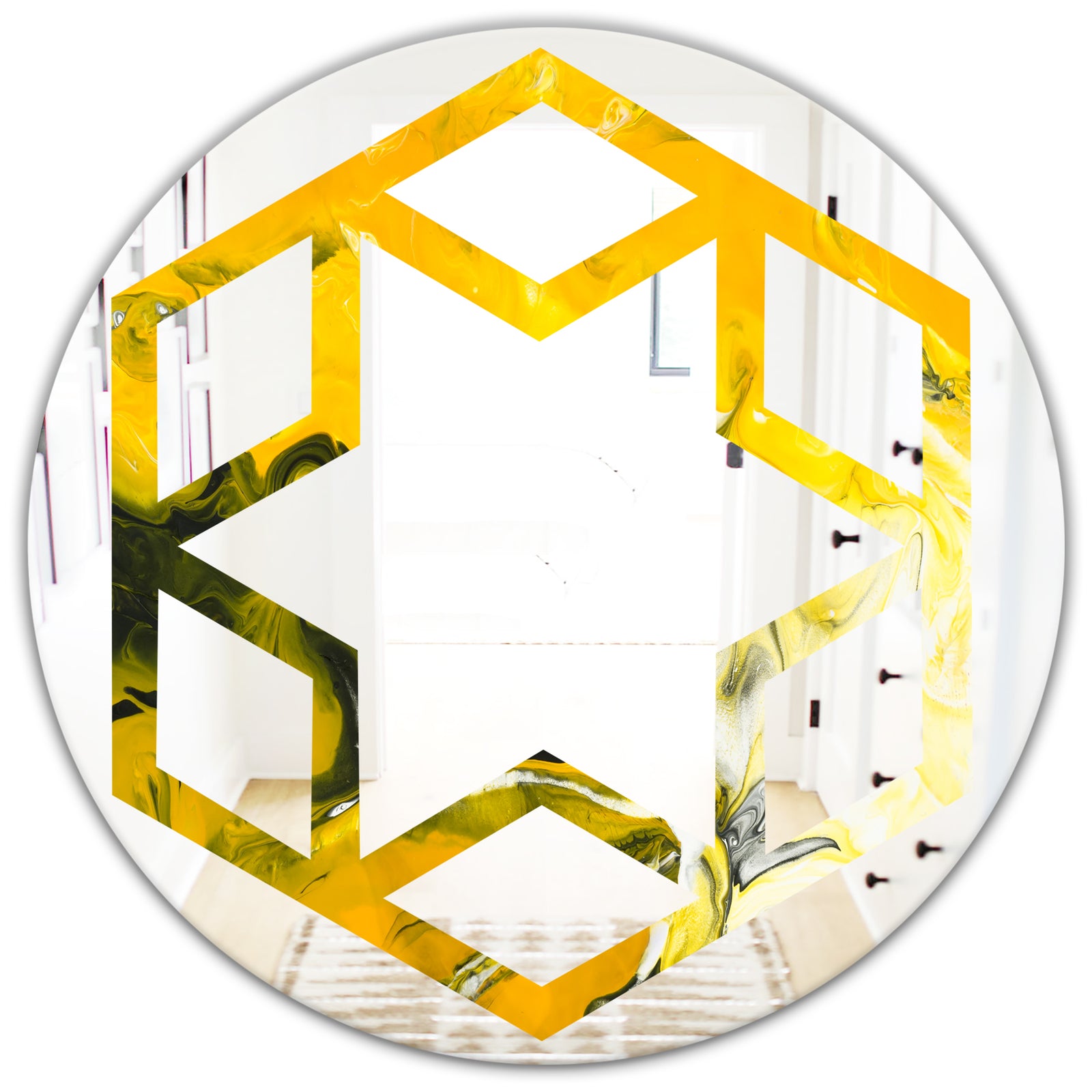 Marbled Yellow 2 - Modern Round or Oval Wall Mirror - Hexagon Star