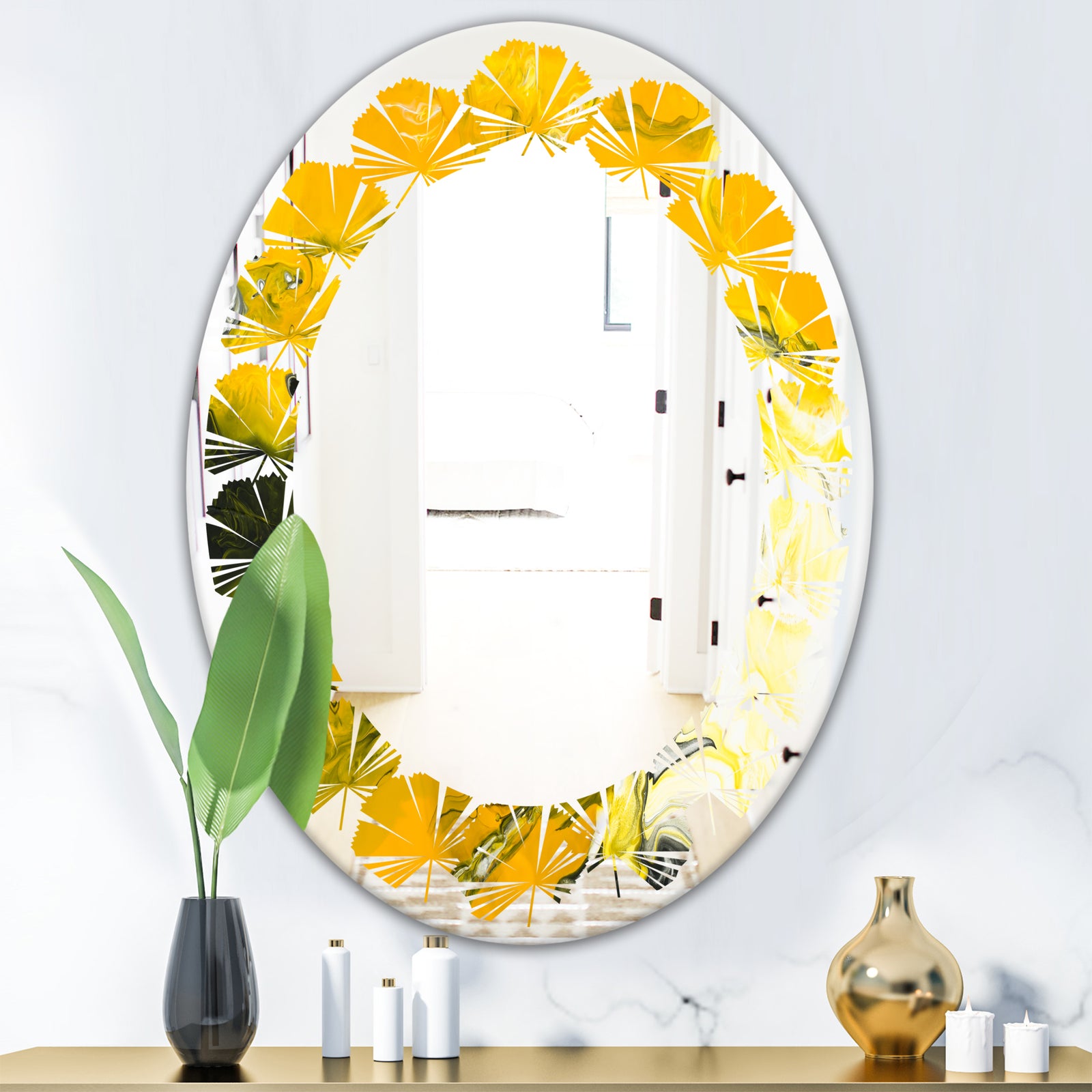 Marbled Yellow 2 - Modern Round or Oval Wall Mirror - Leaves