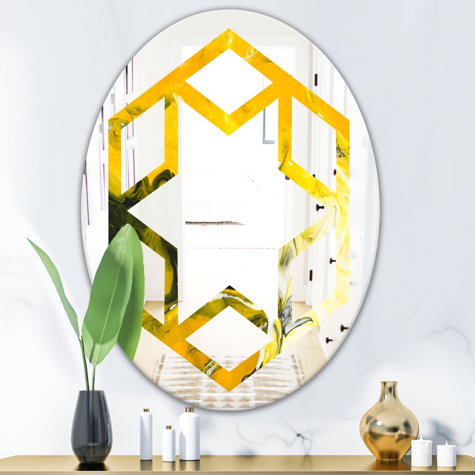 Marbled Yellow 2 - Modern Round or Oval Wall Mirror - Hexagon Star