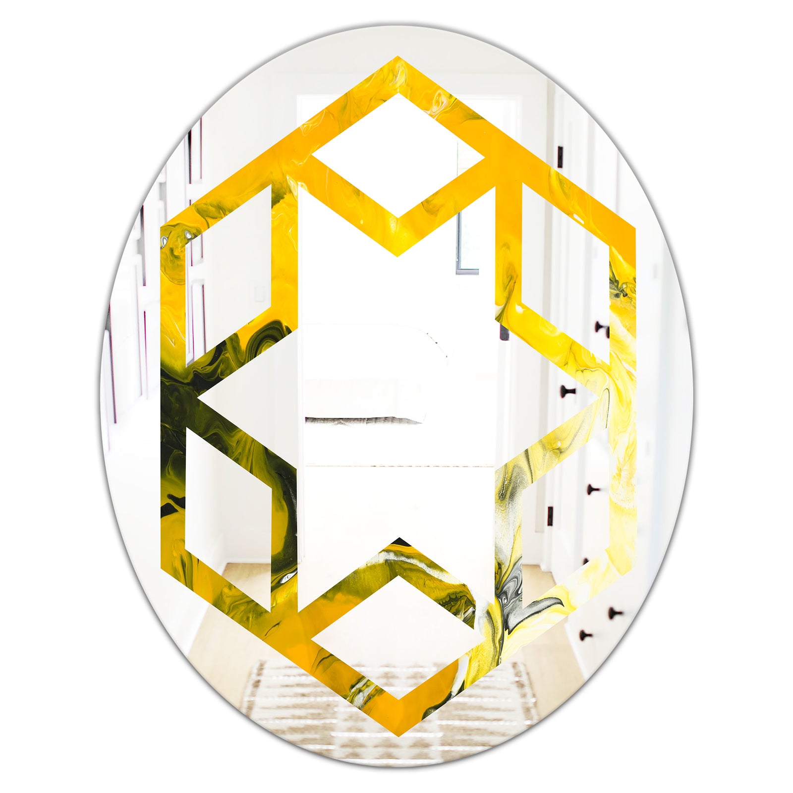 Marbled Yellow 2 - Modern Round or Oval Wall Mirror - Hexagon Star