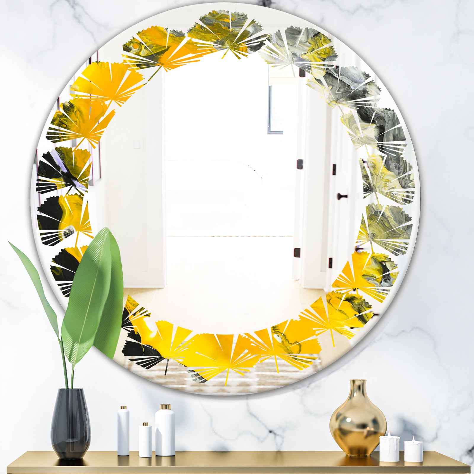 Marbled Yellow 3 - Modern Round or Oval Wall Mirror - Leaves