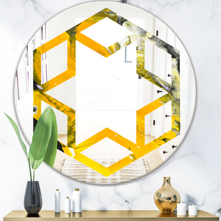 Marbled Yellow 3 - Modern Round or Oval Wall Mirror - Hexagon Star