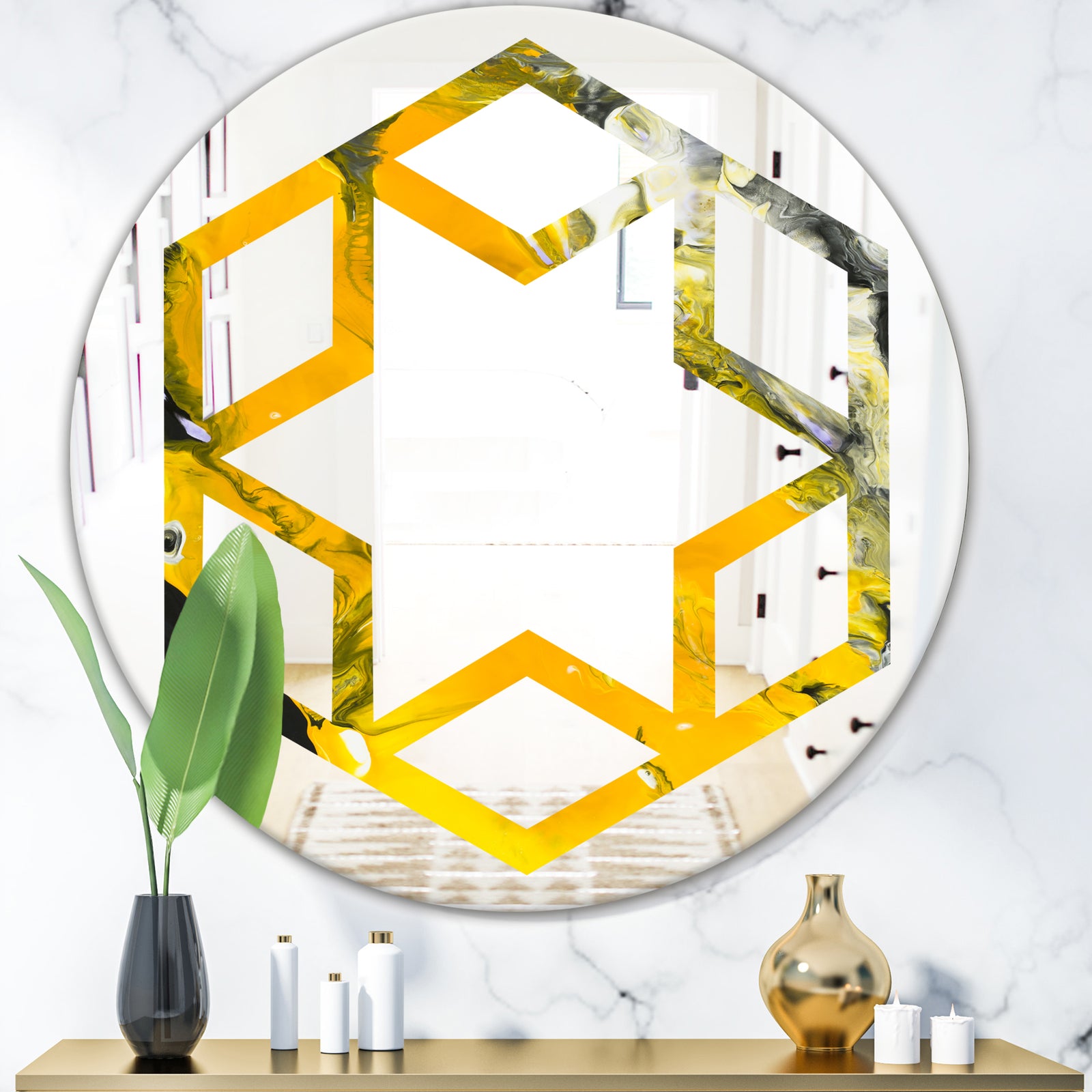 Marbled Yellow 3 - Modern Round or Oval Wall Mirror - Hexagon Star