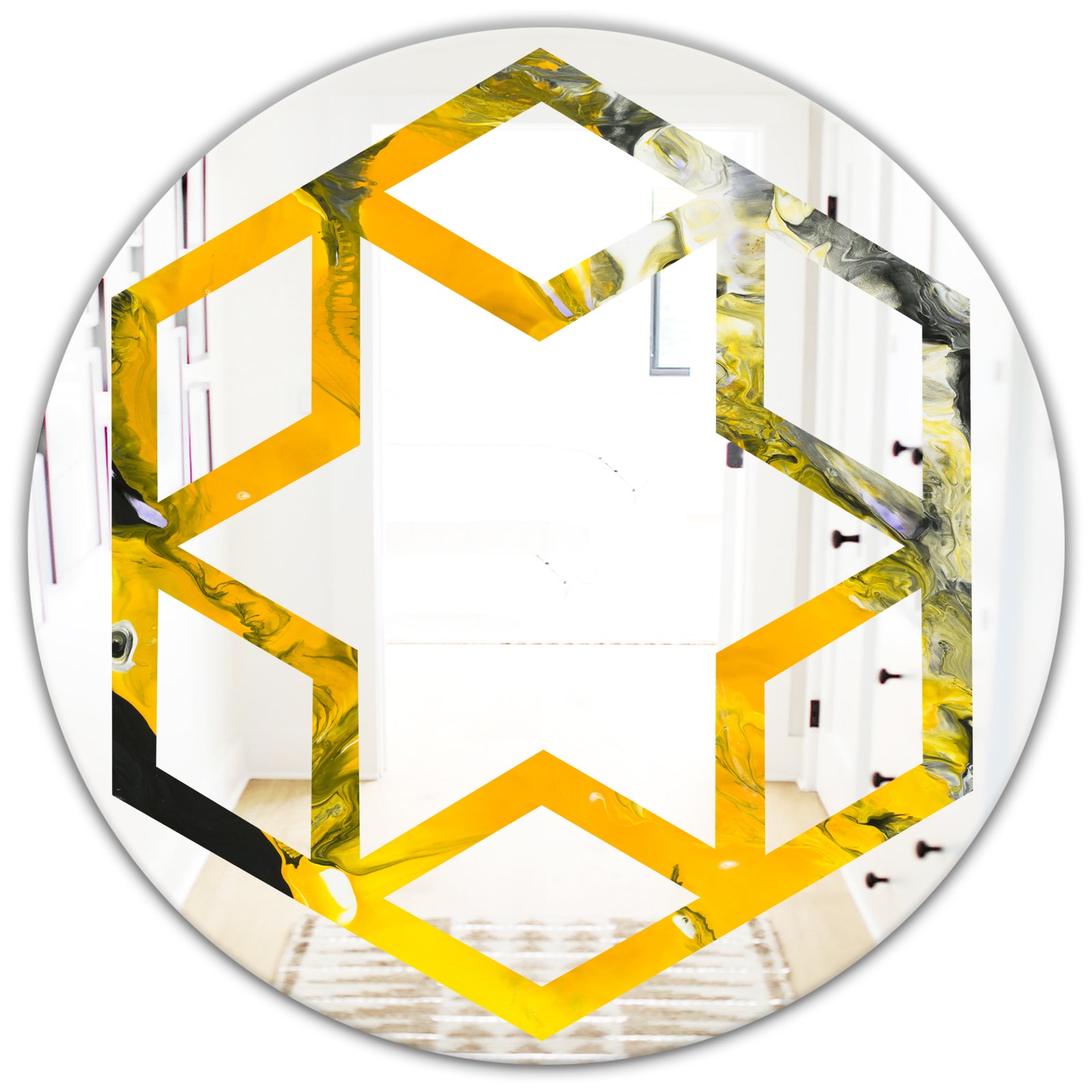 Marbled Yellow 3 - Modern Round or Oval Wall Mirror - Hexagon Star