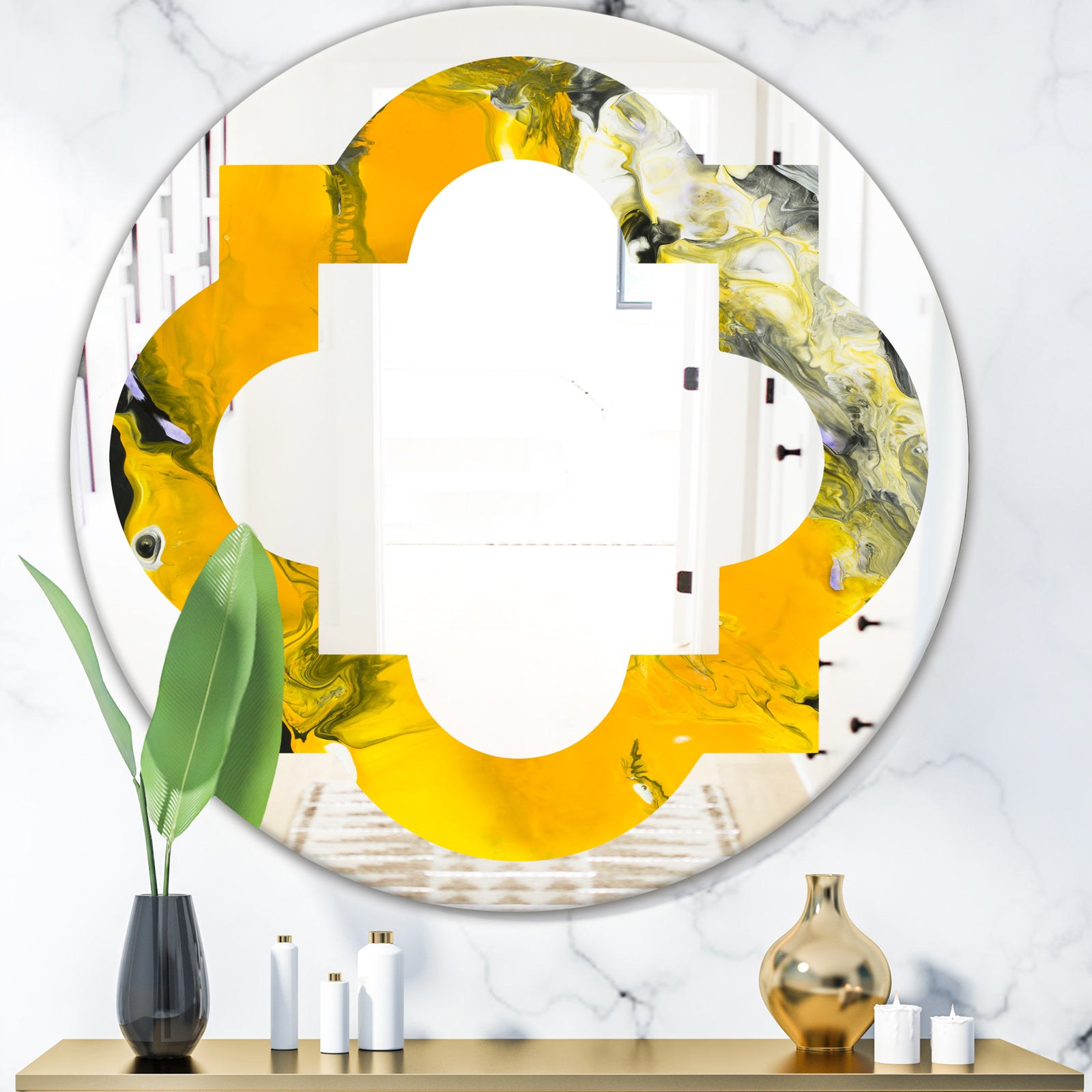 Marbled Yellow 3 - Modern Round or Oval Wall Mirror - Quatrefoil