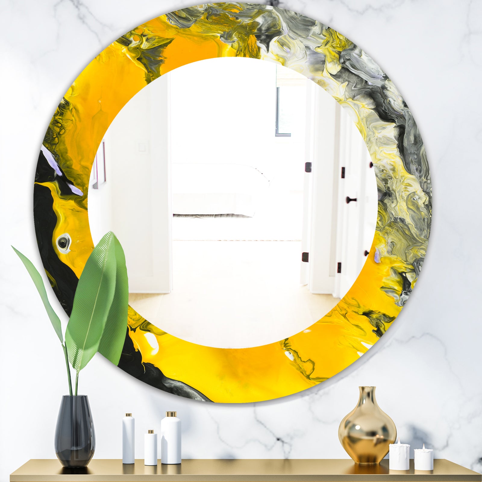 Marbled Yellow 3 - Frameless Modern Mirror - Oval or Round Decorative or Bathroom Mirror
