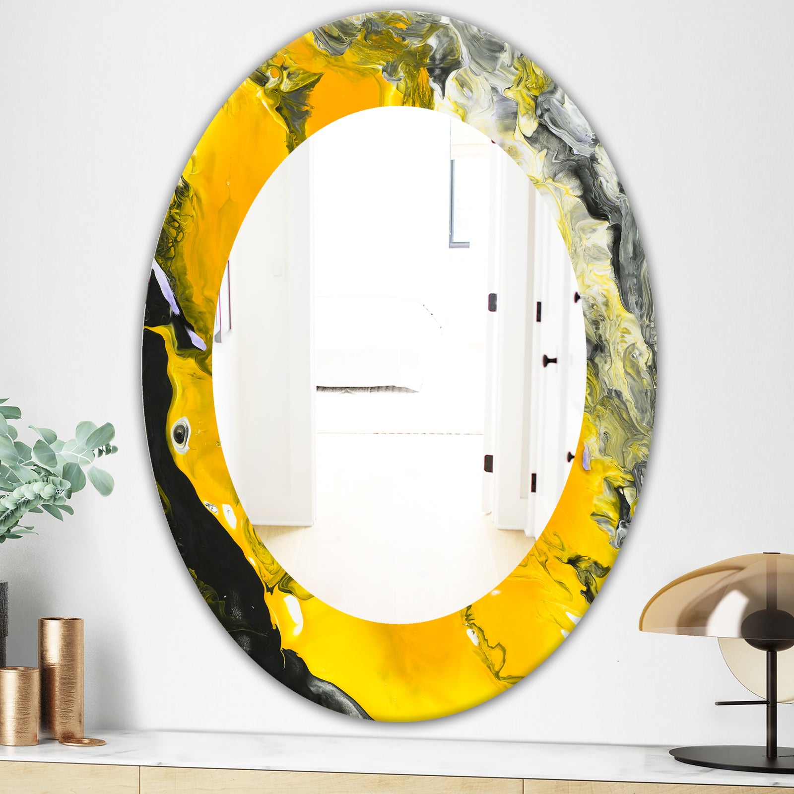 Marbled Yellow 3 - Frameless Modern Mirror - Oval or Round Decorative or Bathroom Mirror