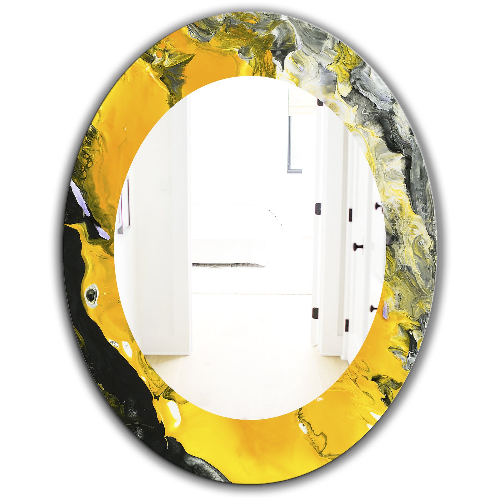 Marbled Yellow 3 - Frameless Modern Mirror - Oval or Round Decorative or Bathroom Mirror