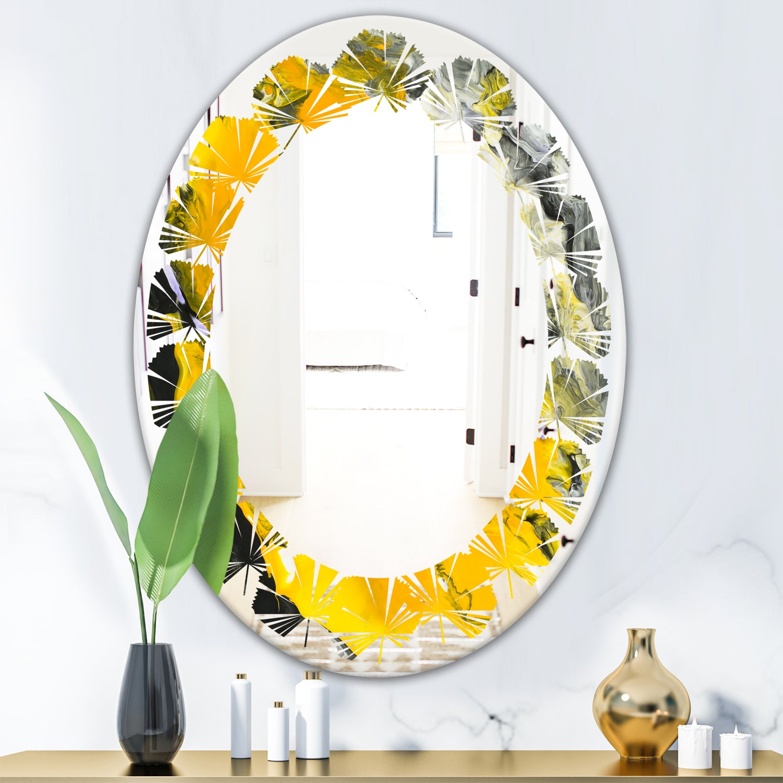 Marbled Yellow 3 - Modern Round or Oval Wall Mirror - Leaves