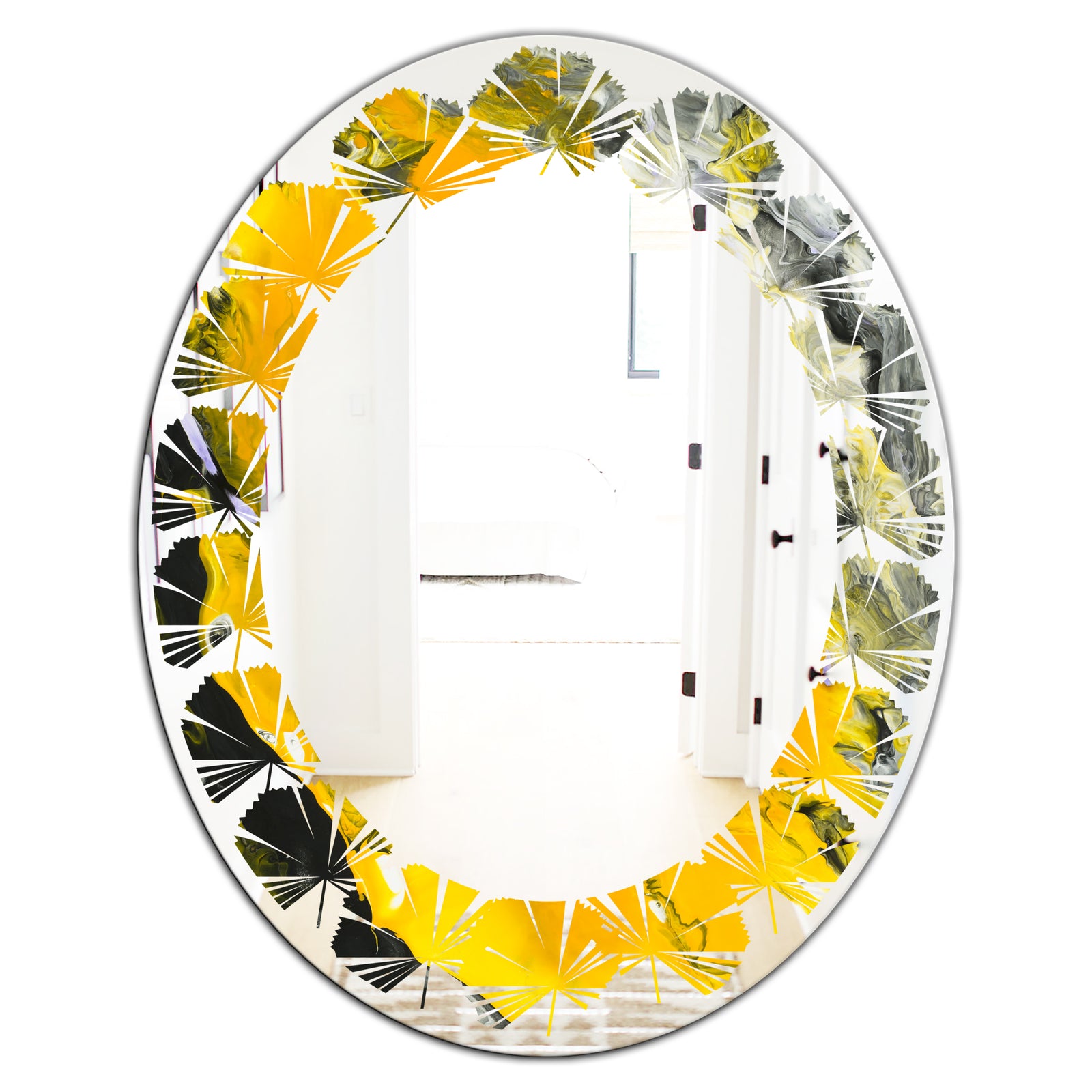 Marbled Yellow 3 - Modern Round or Oval Wall Mirror - Leaves