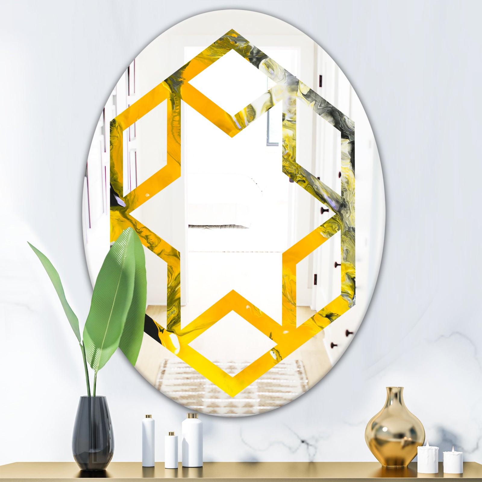 Marbled Yellow 3 - Modern Round or Oval Wall Mirror - Hexagon Star