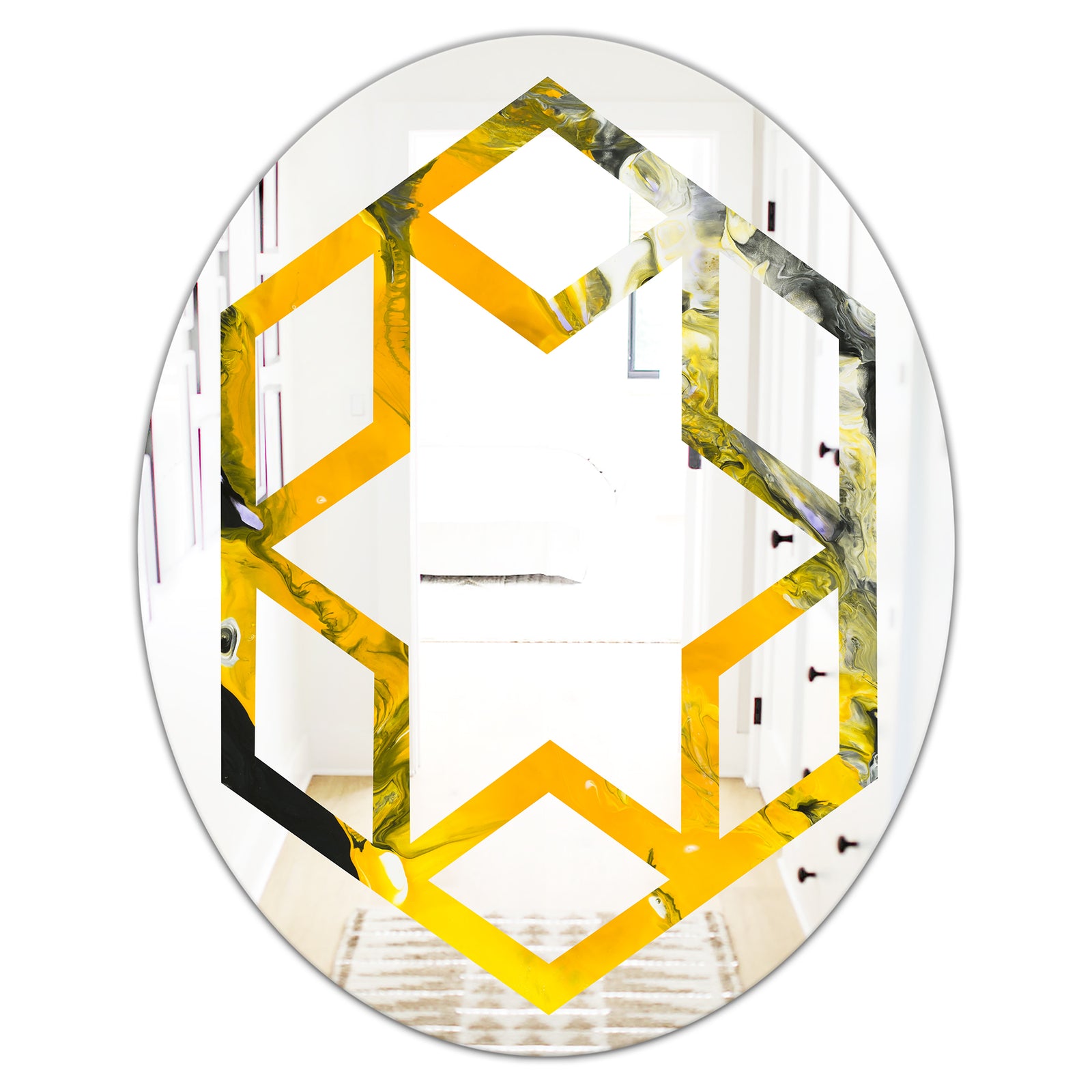 Marbled Yellow 3 - Modern Round or Oval Wall Mirror - Hexagon Star