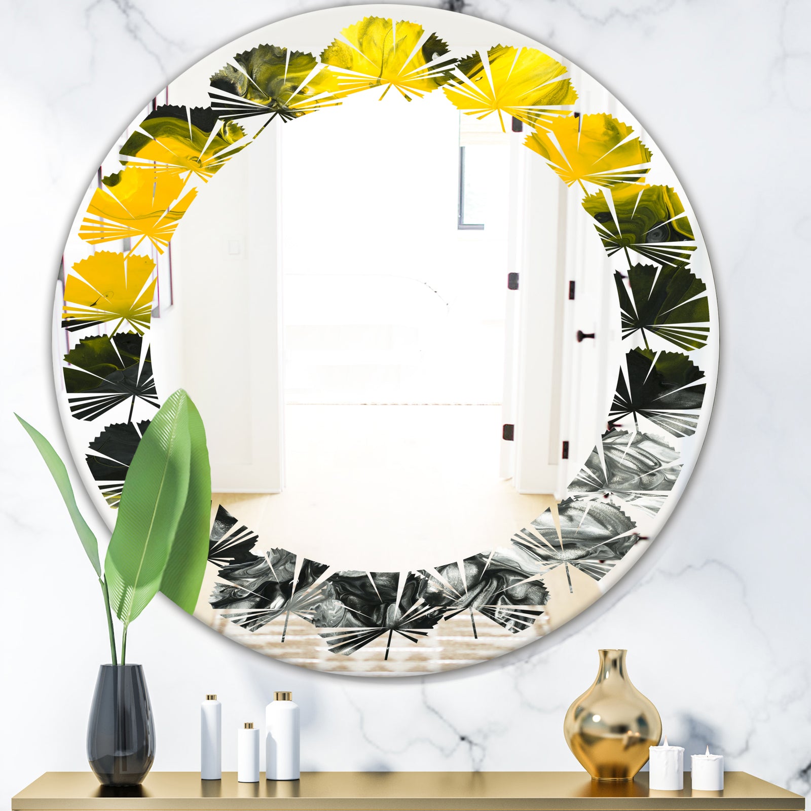 Marbled Yellow 4 - Modern Round or Oval Wall Mirror - Leaves