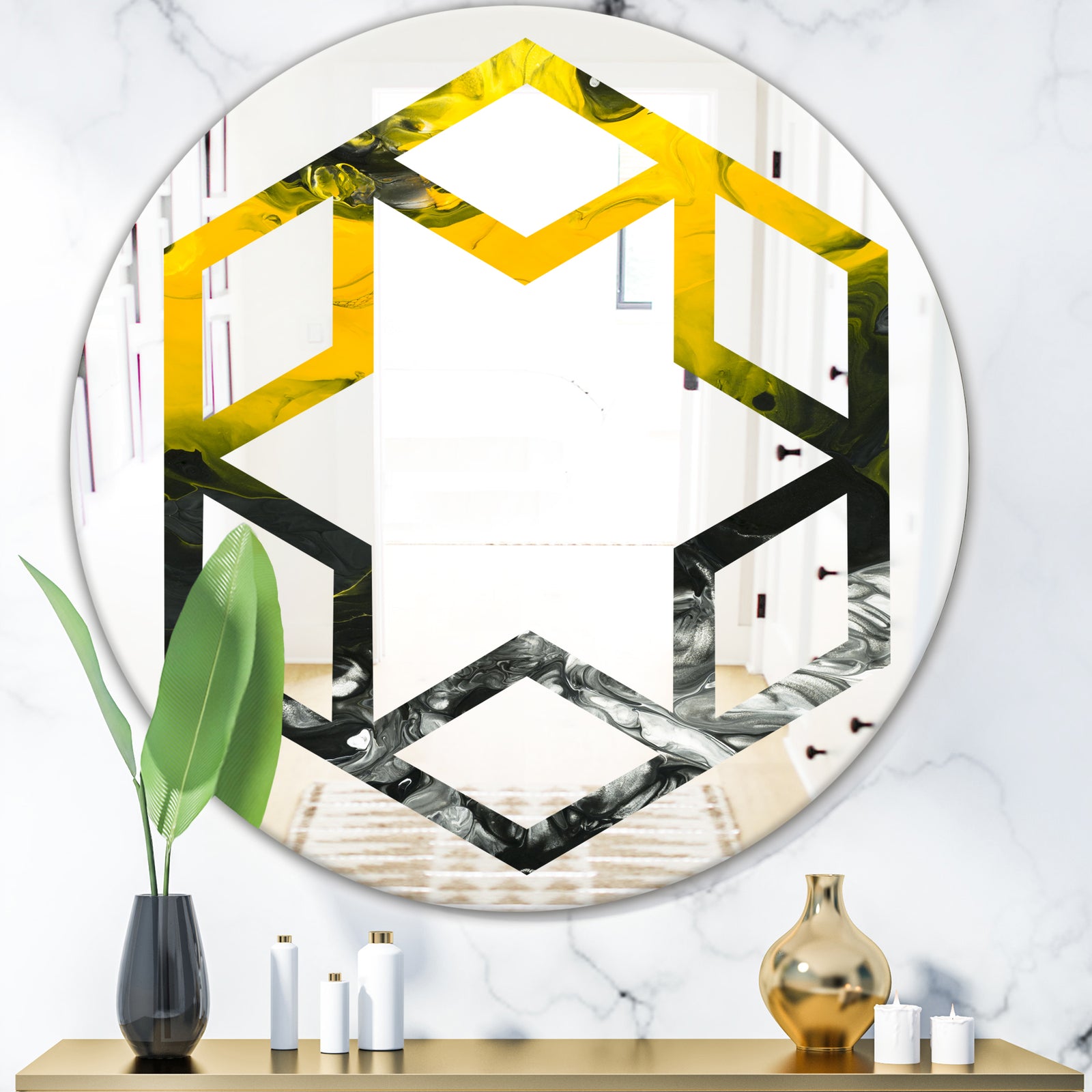 Marbled Yellow 4 - Modern Round or Oval Wall Mirror - Hexagon Star