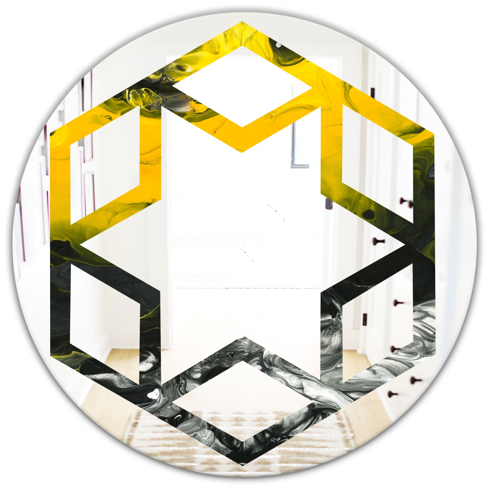 Marbled Yellow 4 - Modern Round or Oval Wall Mirror - Hexagon Star