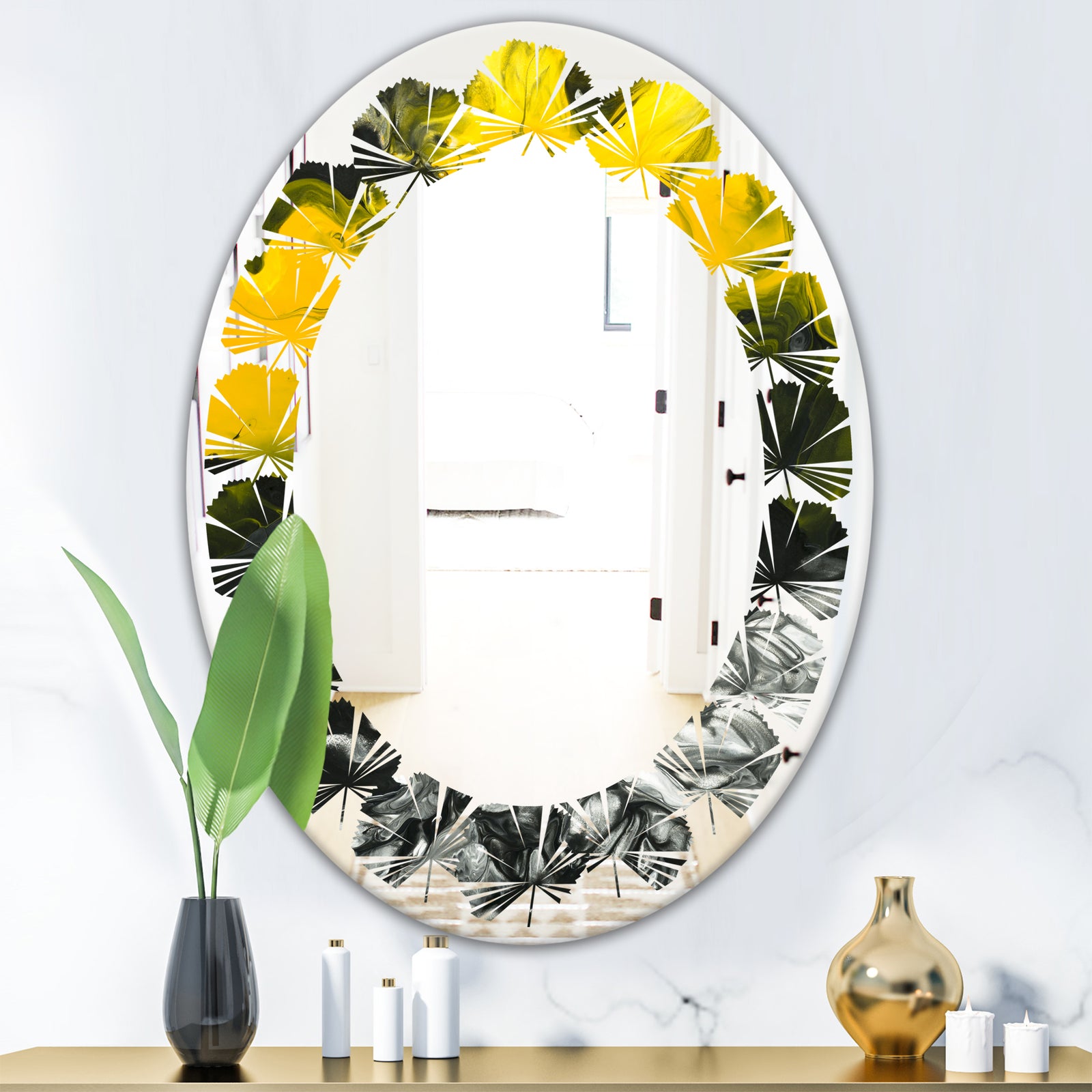 Marbled Yellow 4 - Modern Round or Oval Wall Mirror - Leaves