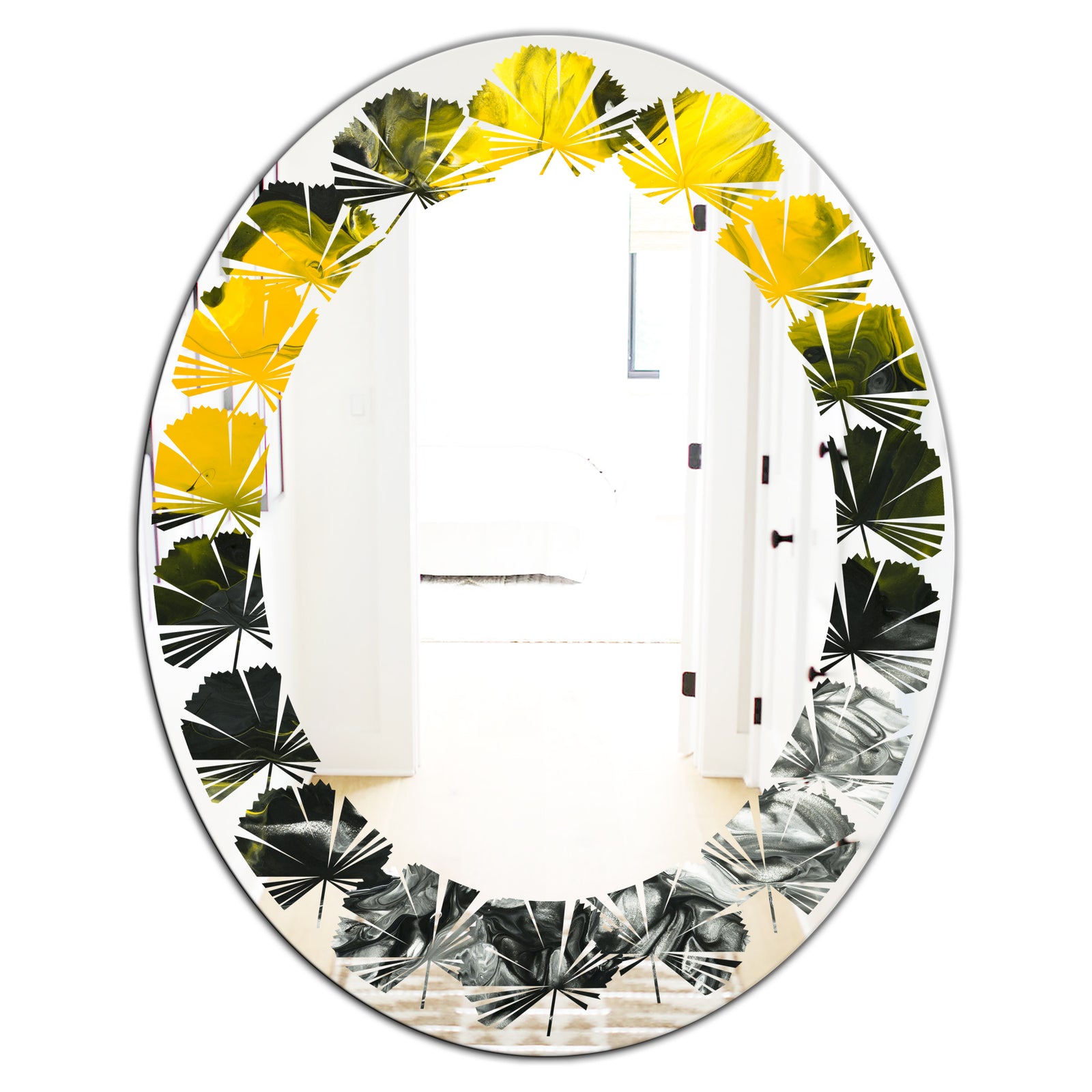 Marbled Yellow 4 - Modern Round or Oval Wall Mirror - Leaves